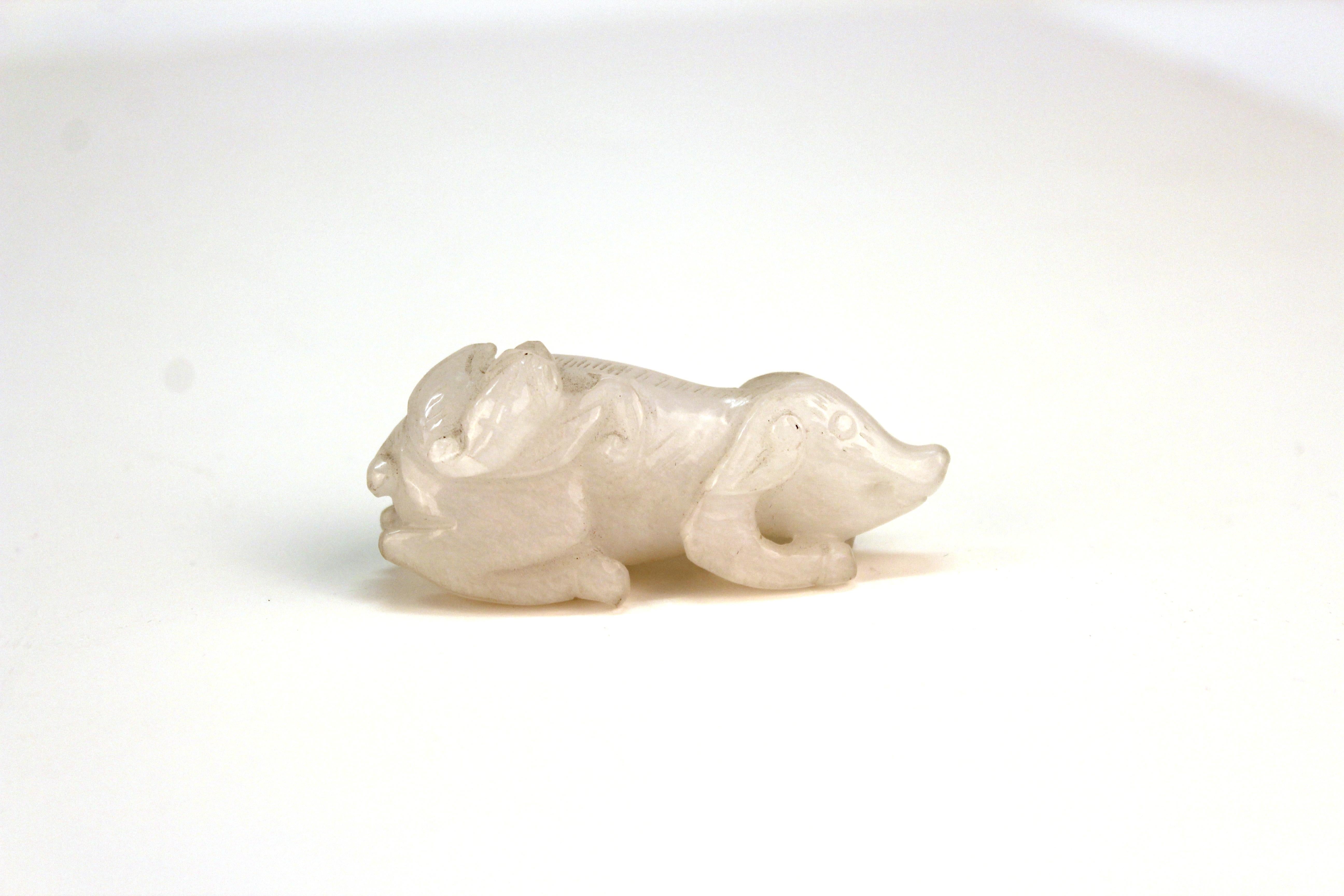 20th Century Chinese White Jadeite Sculpture of a Small Pig with Bat