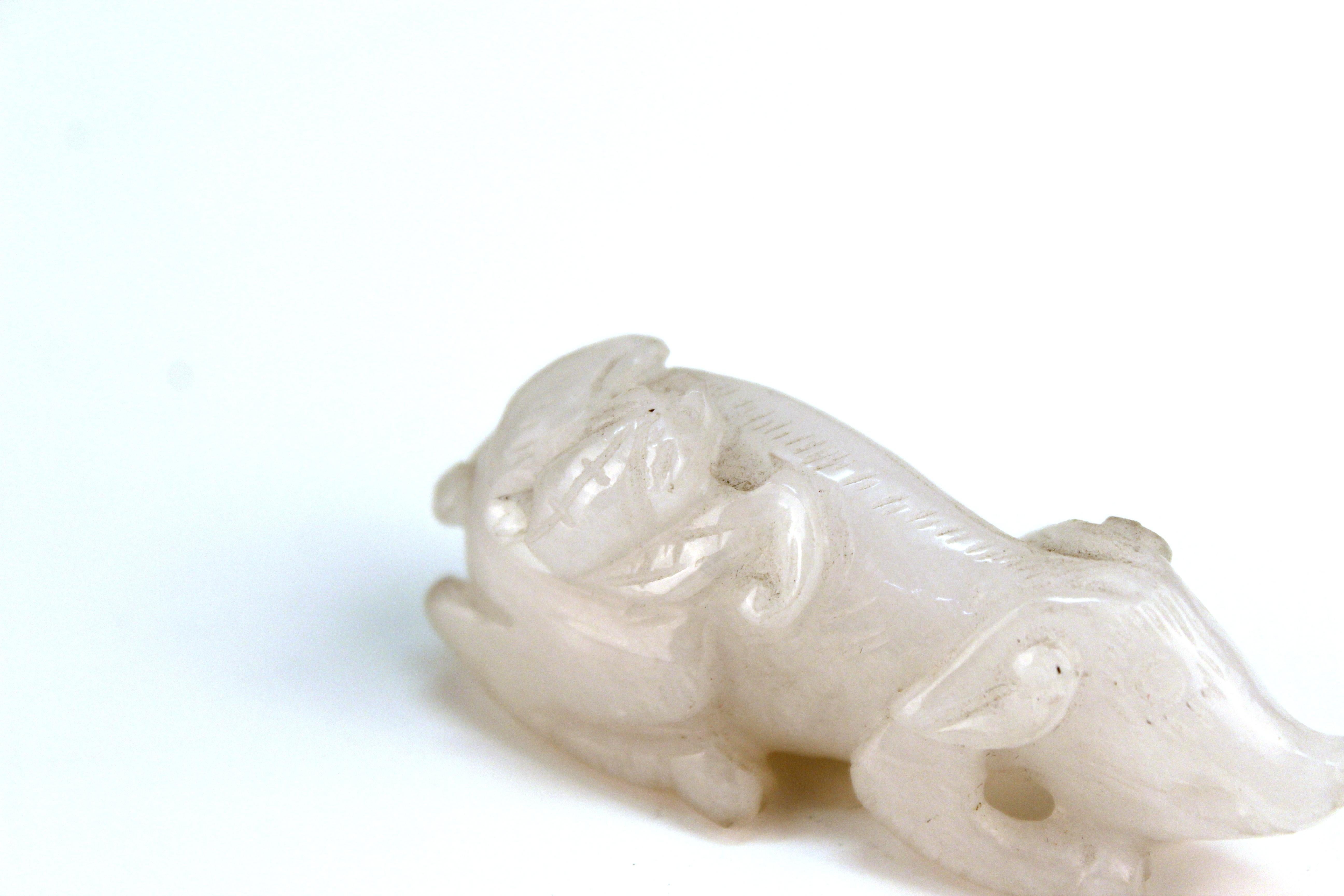 Chinese White Jadeite Sculpture of a Small Pig with Bat 2