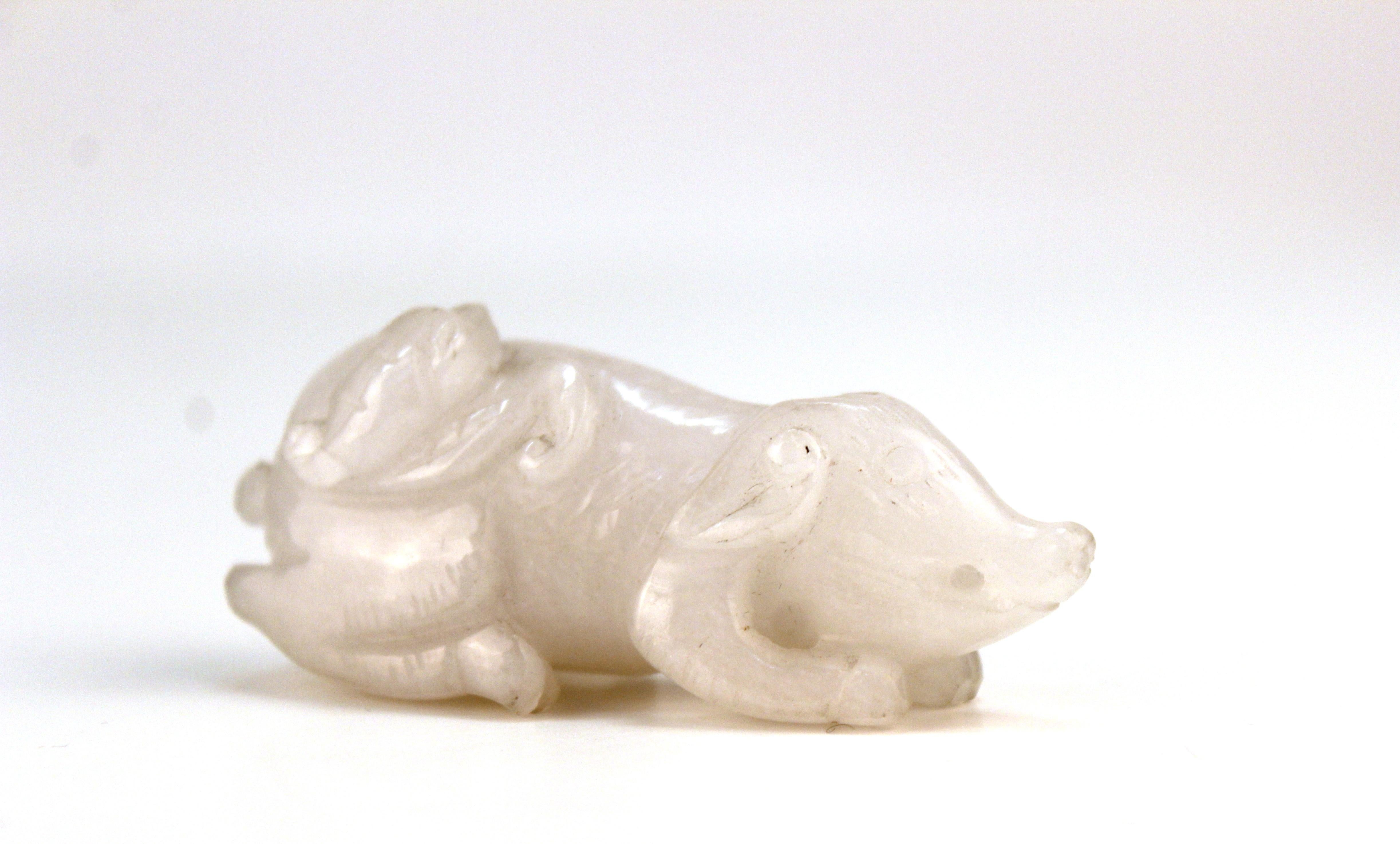 Chinese White Jadeite Sculpture of a Small Pig with Bat 3