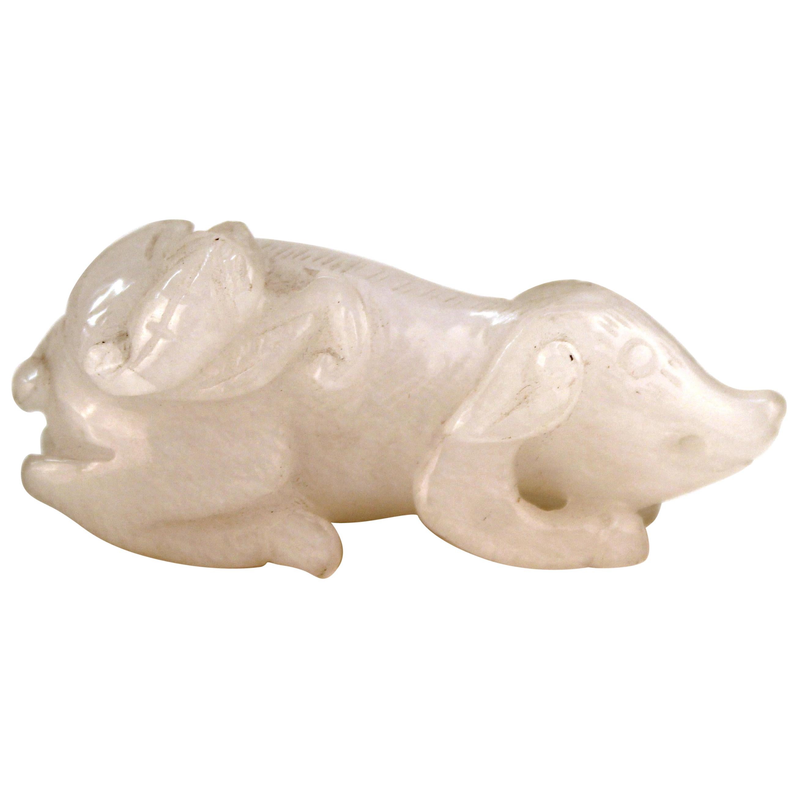 Chinese White Jadeite Sculpture of a Small Pig with Bat