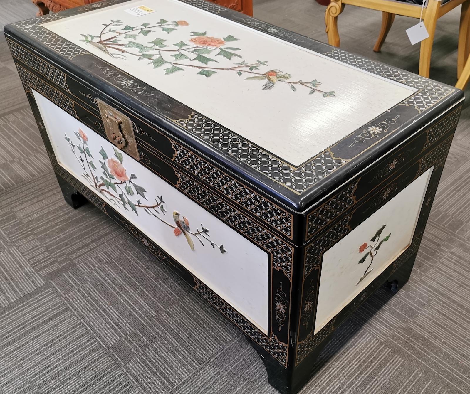 Chinese white lacquer camphorwood chest, with hardstone decoration,
Measures: 100 x 50 x 58cm high.
Our eclectic stock crosses cultures, continents, styles and famous names.