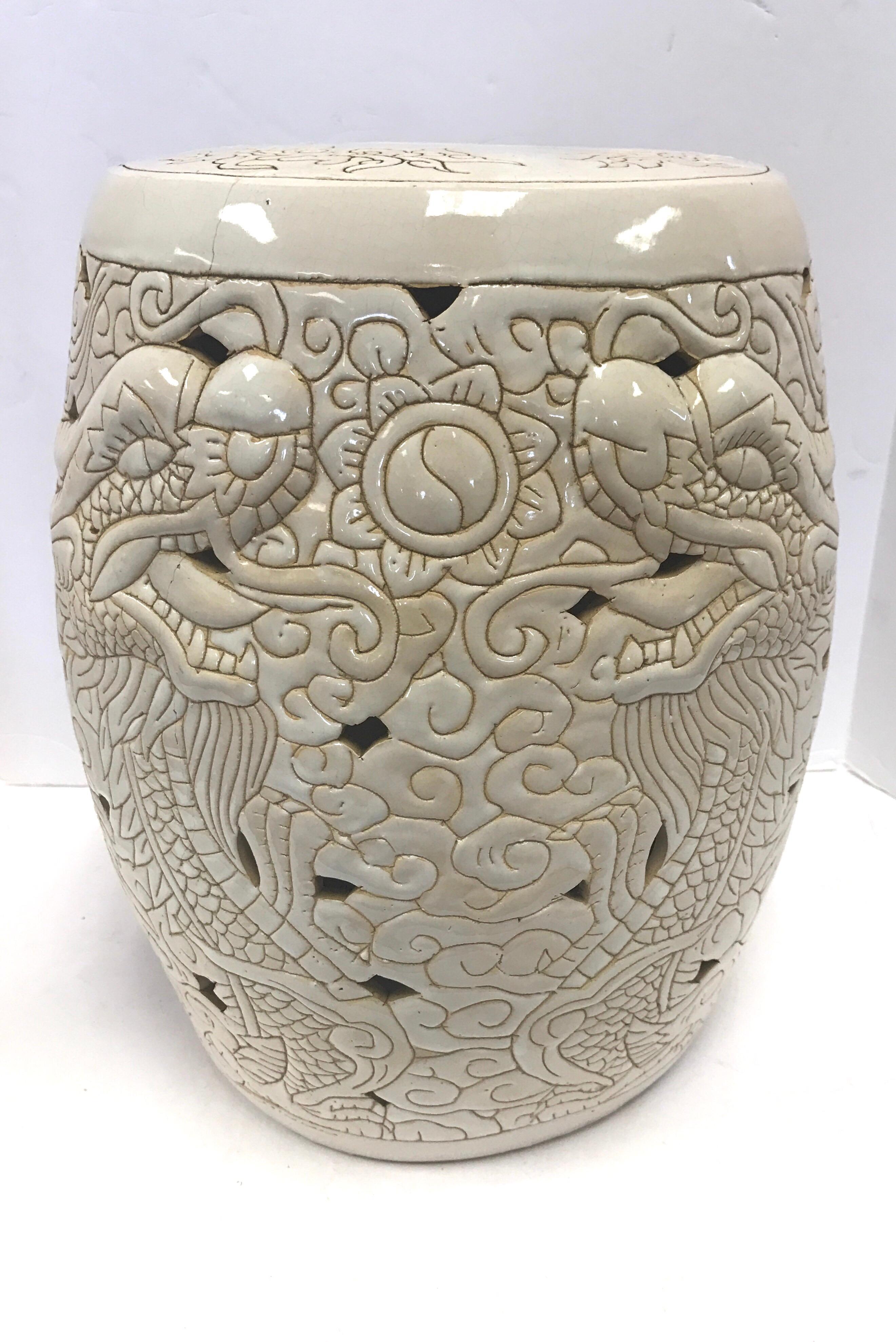 Mid-20th Century Chinese White Porcelain Dragon Garden Stool Seat