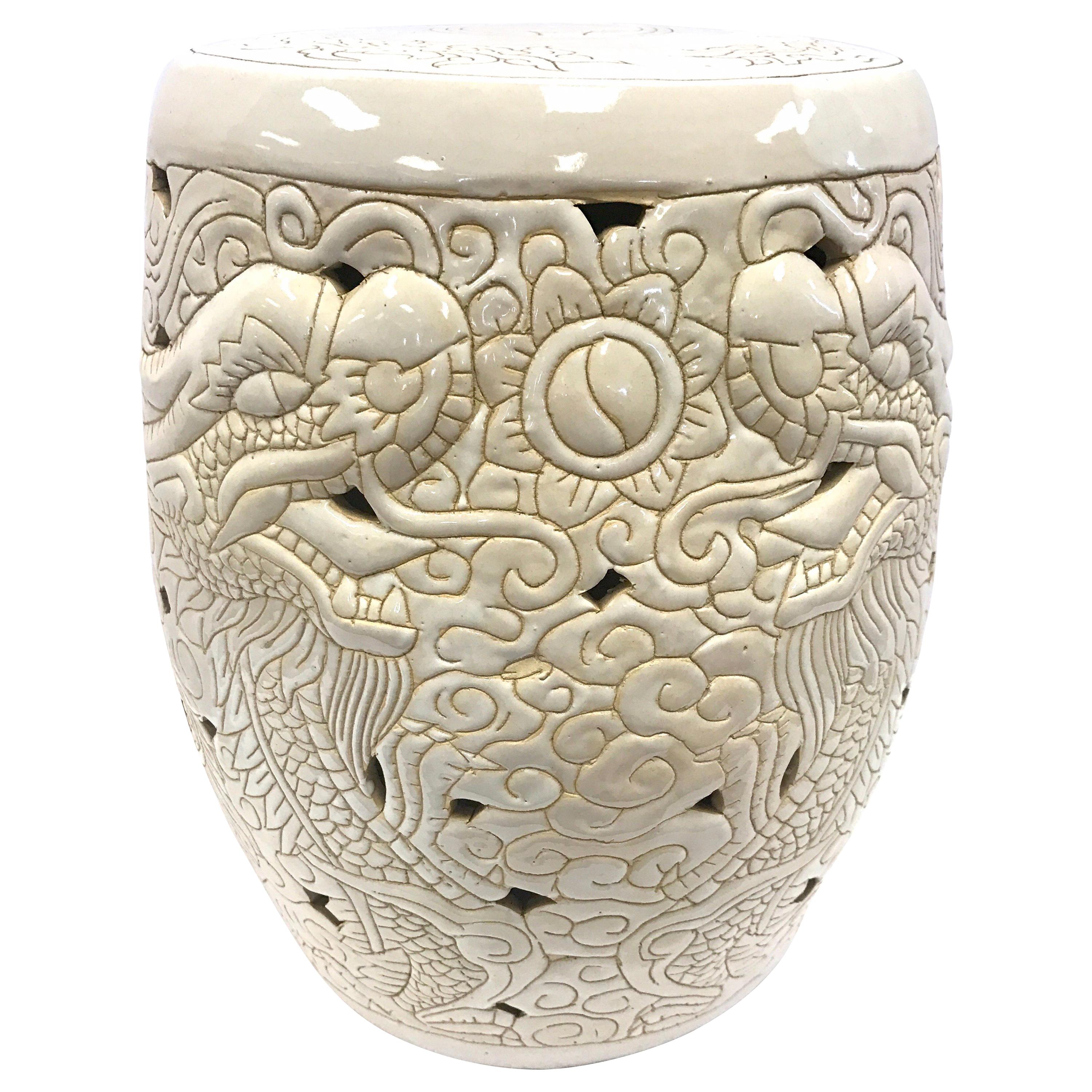 Chinese White Porcelain Dragon Garden Stool Seat