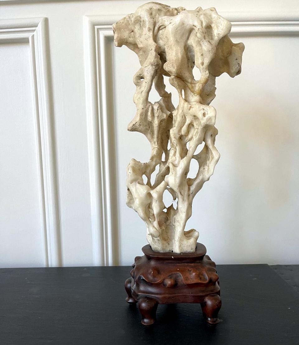 Chinese White Scholar Stone from Taihu Lake on Display Stand In Good Condition In Atlanta, GA