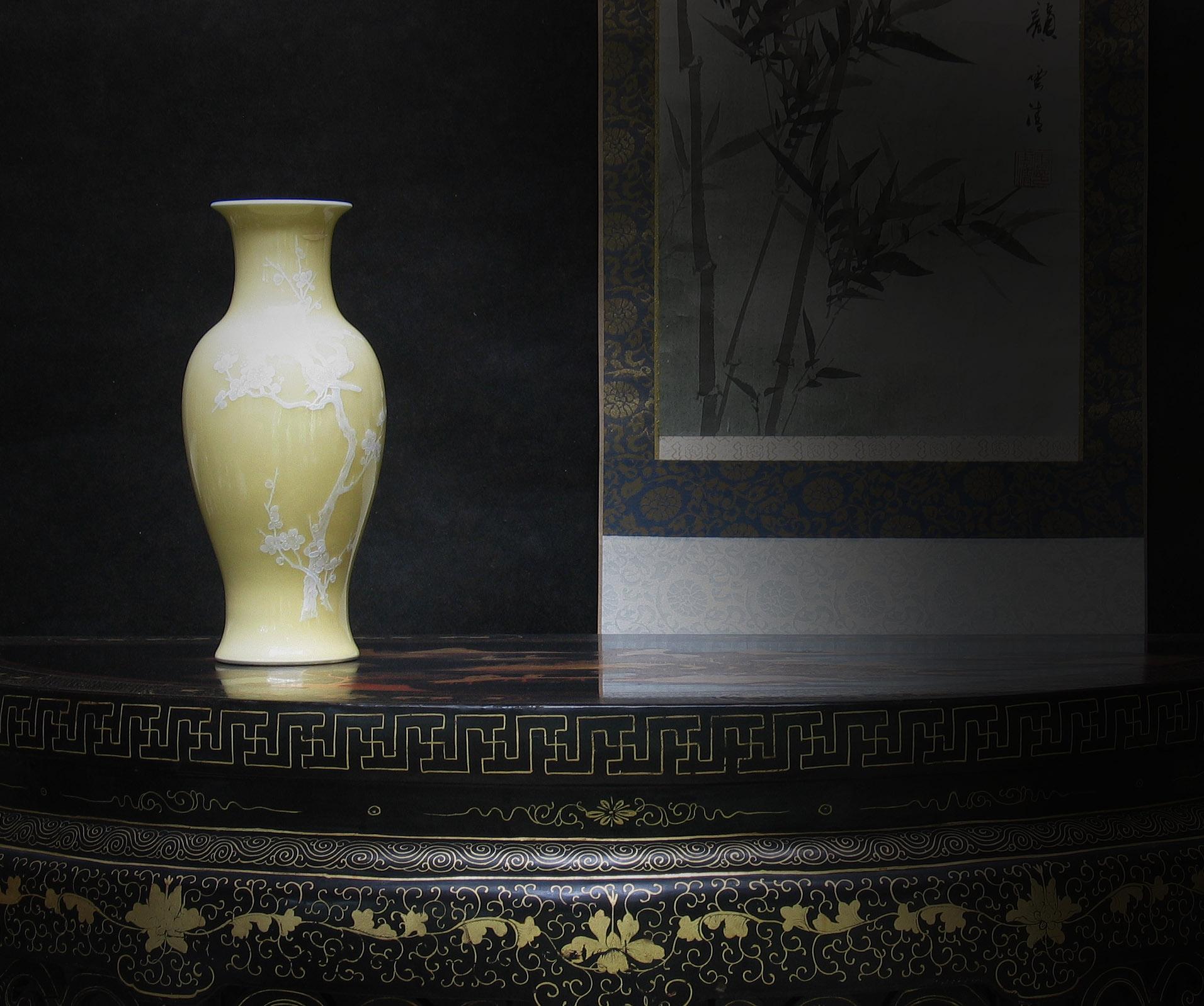 Hand-Crafted Chinese White Slip-Decorated Pale Yellow Glazed Baluster Vase 20th Century