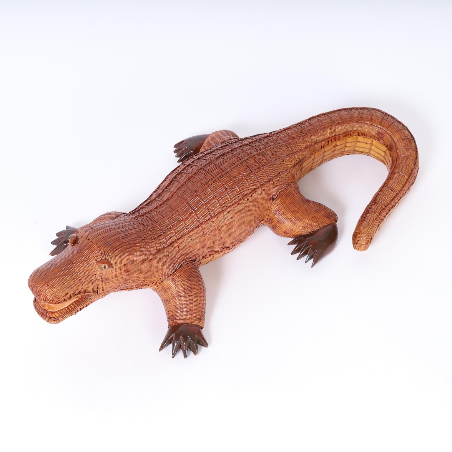 Chinese mid century alligator ambitiously crafted in wicker with a faux gator skin design and carved wood feet. From the famed Shanghai collection.