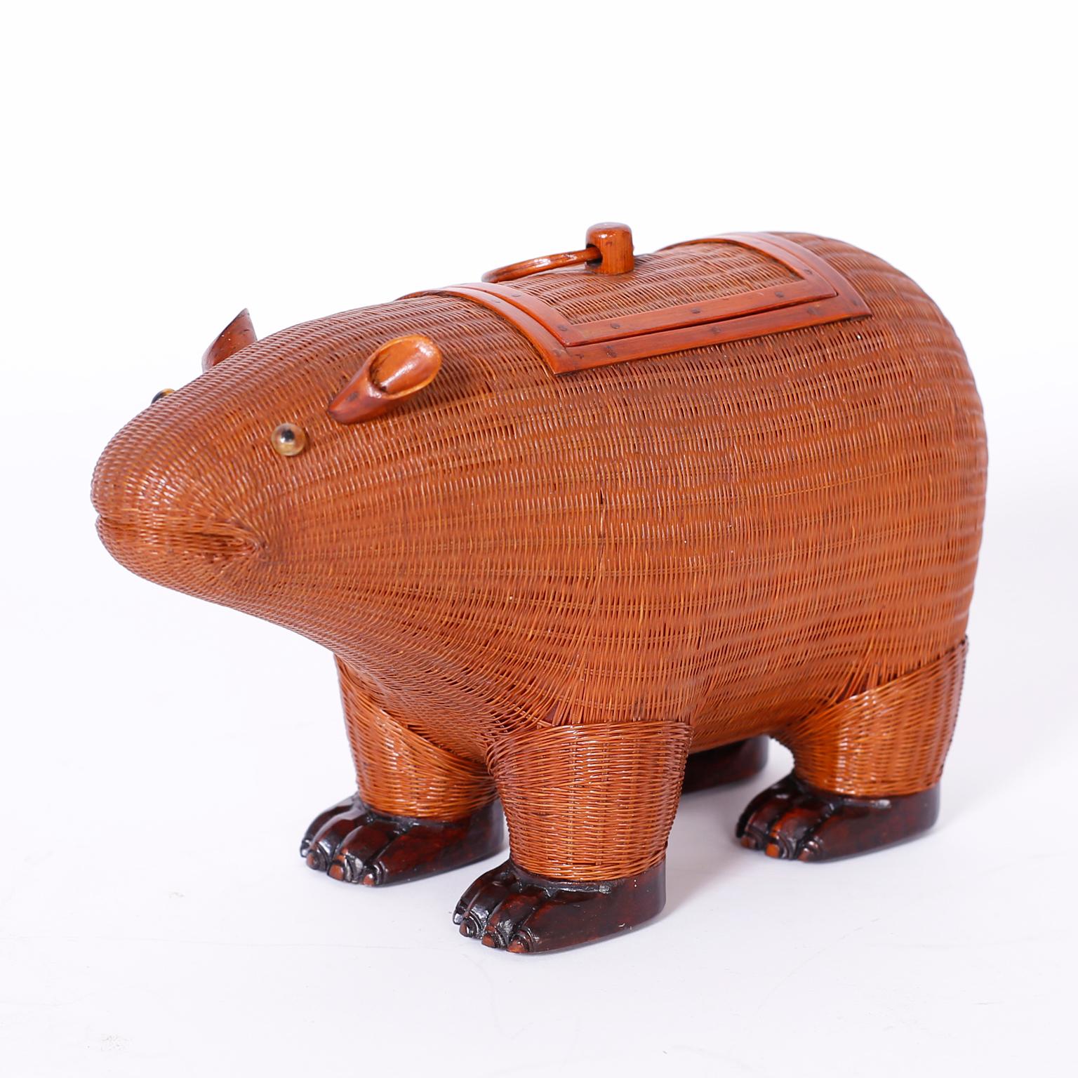 Chinese wicker capybara box from the Shanghai collection with carved wood highlights and removable lid.
