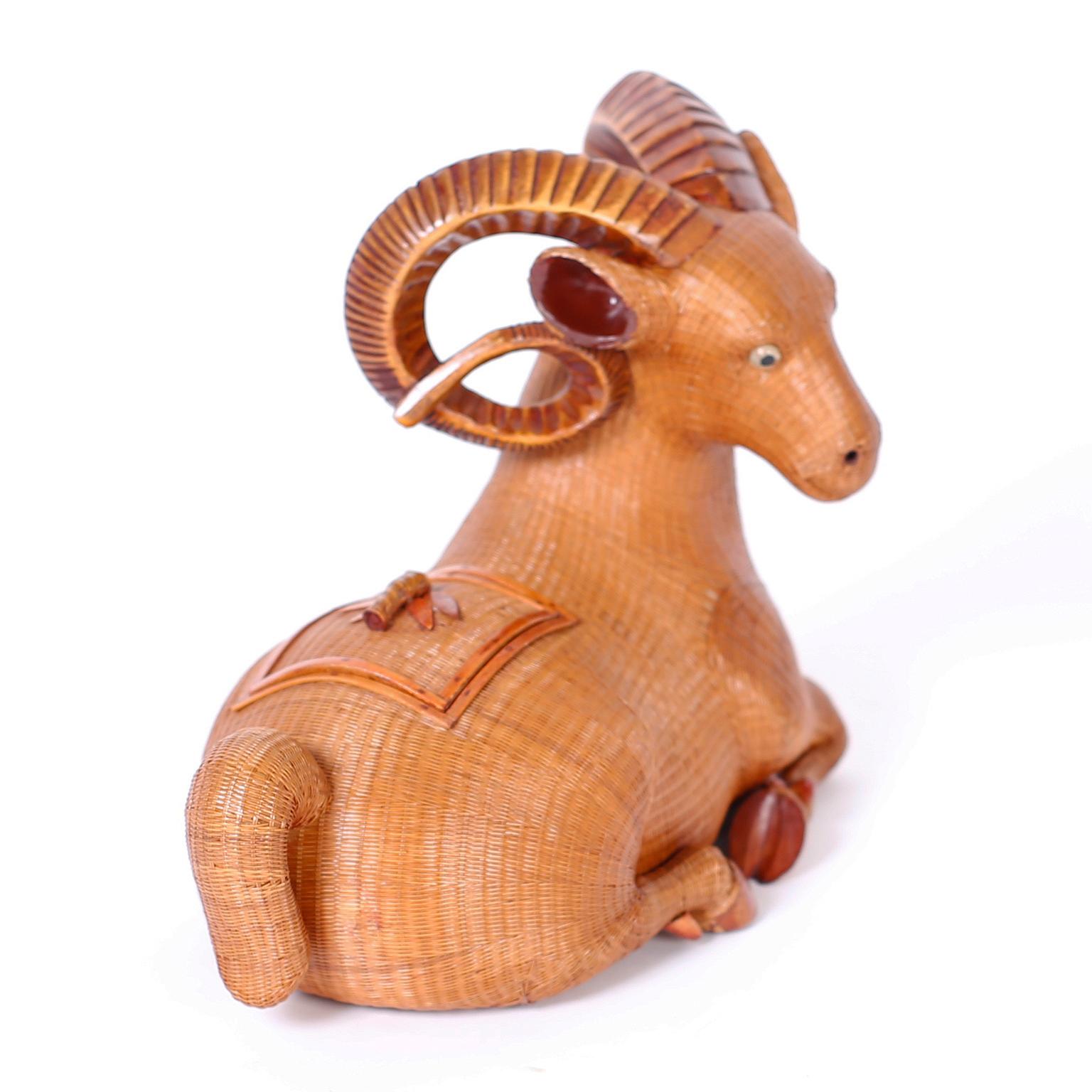 Chinese Ram in repose ambitiously woven with wicker from the noted Shanghai Collection featuring carved wood horns, hooves, and dragon fly lid handle