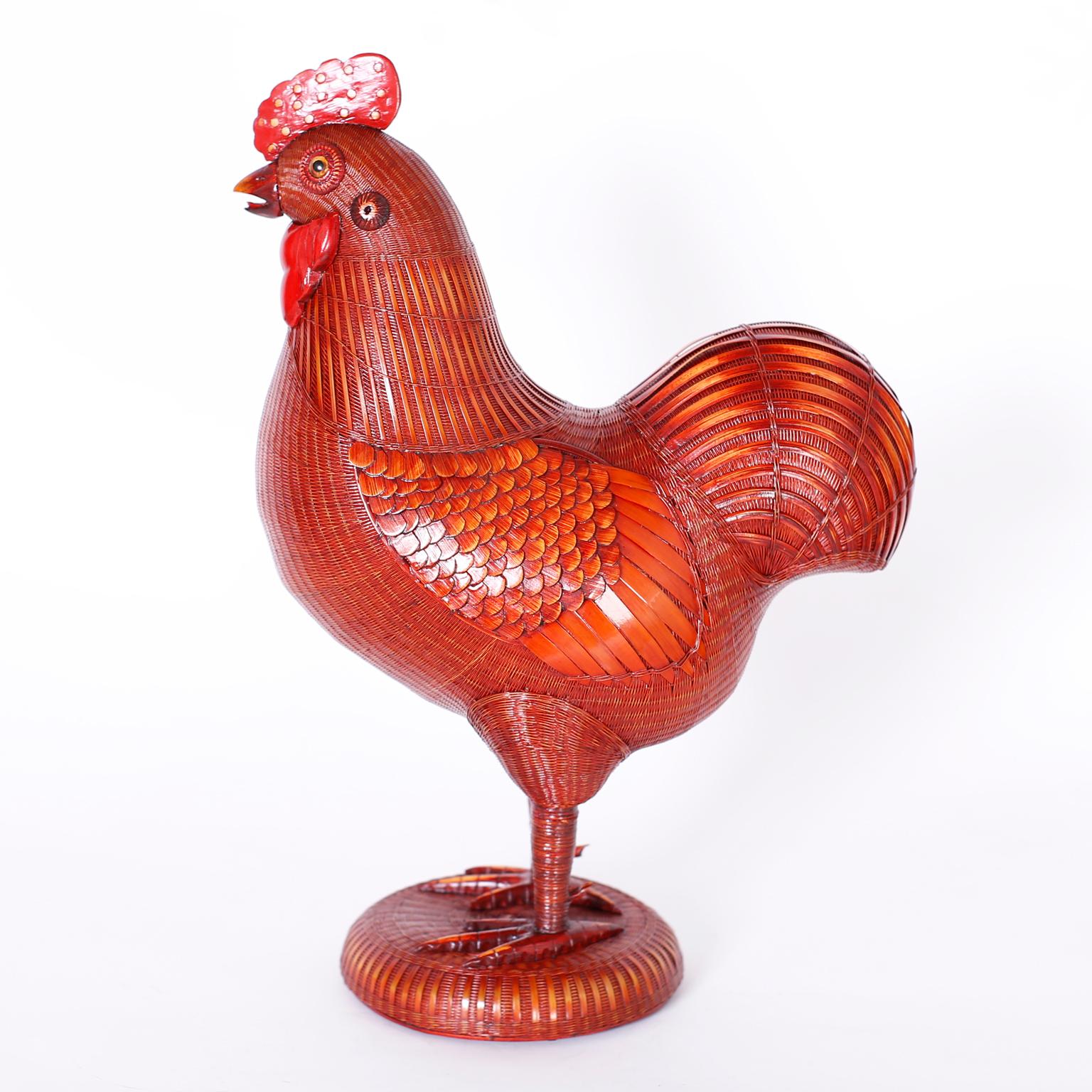 Chinese rooster expertly crafted with an ambitious weaving technique using bamboo and bamboo wicker with carved wood highlights, from the noted Shanghai collection.