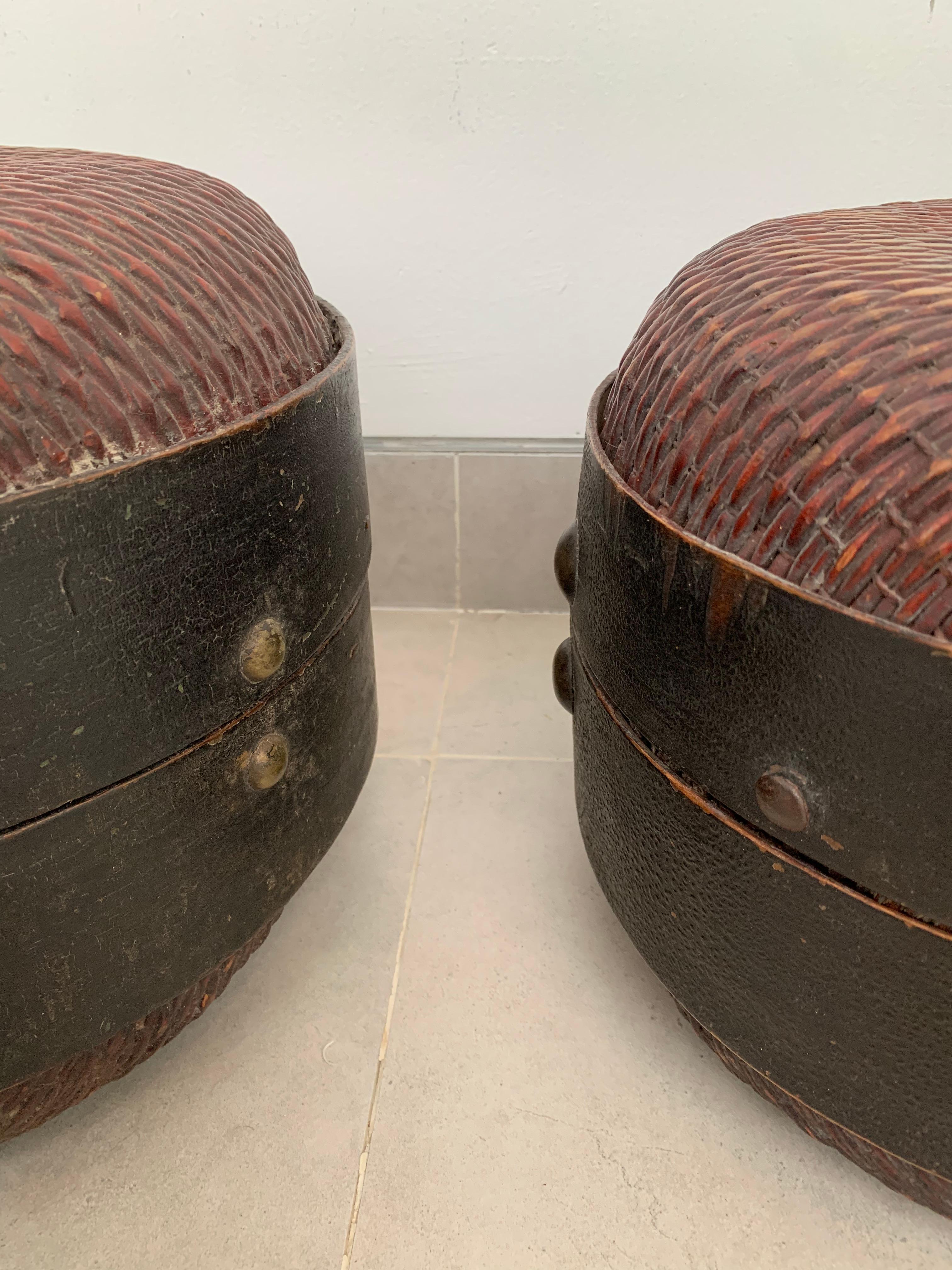 Hand-Crafted Chinese Willow Read Hat Box Pair, Early 20th Century