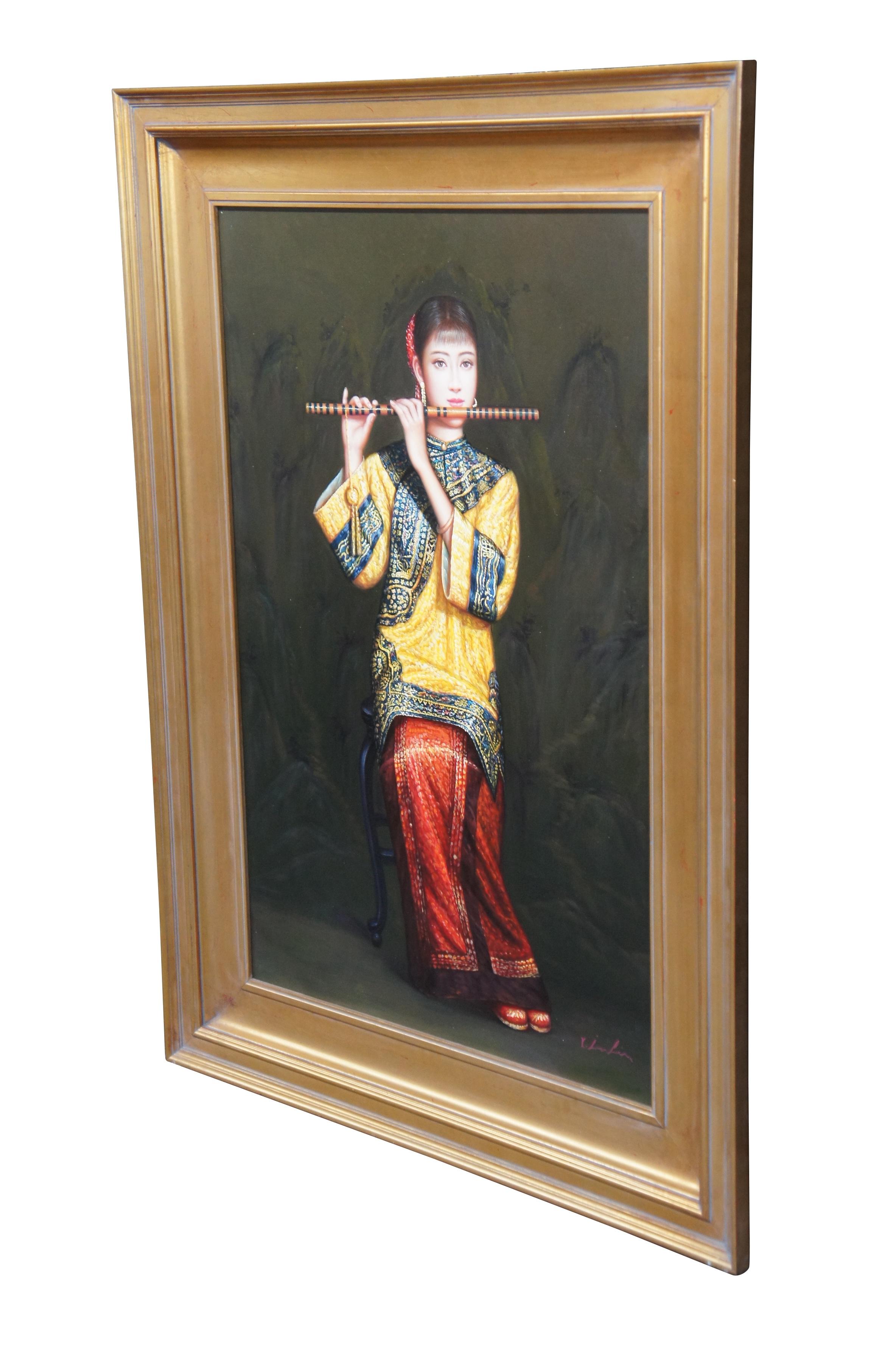 Chinoiserie Chinese Woman Playing Bamboo Flute Oil Painting on Canvas After Chen Yifei 47