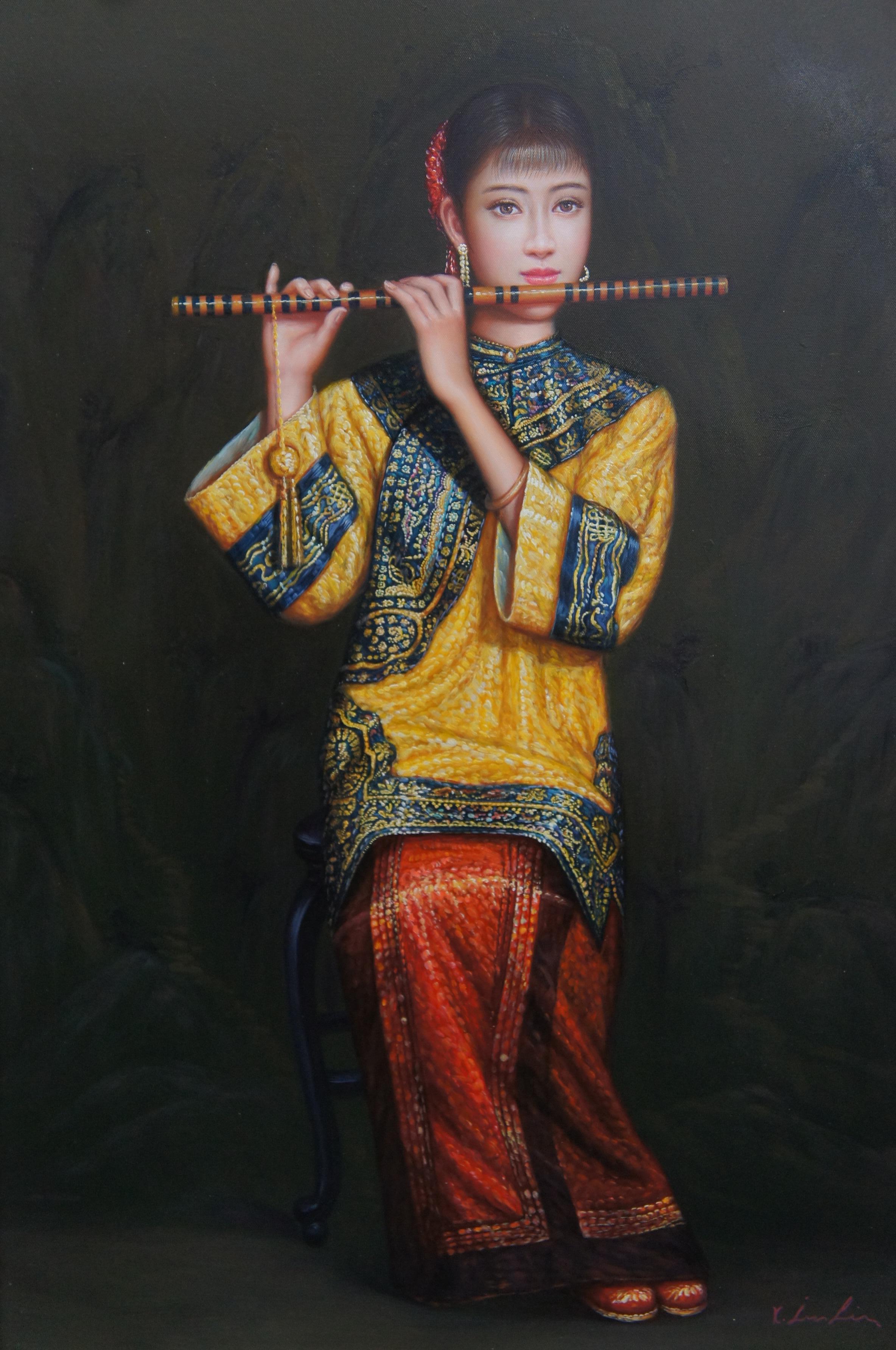 Femme chinoise jouant de la flûte de bambou Peinture à l'huile sur toile d'après Chen Yifei 47