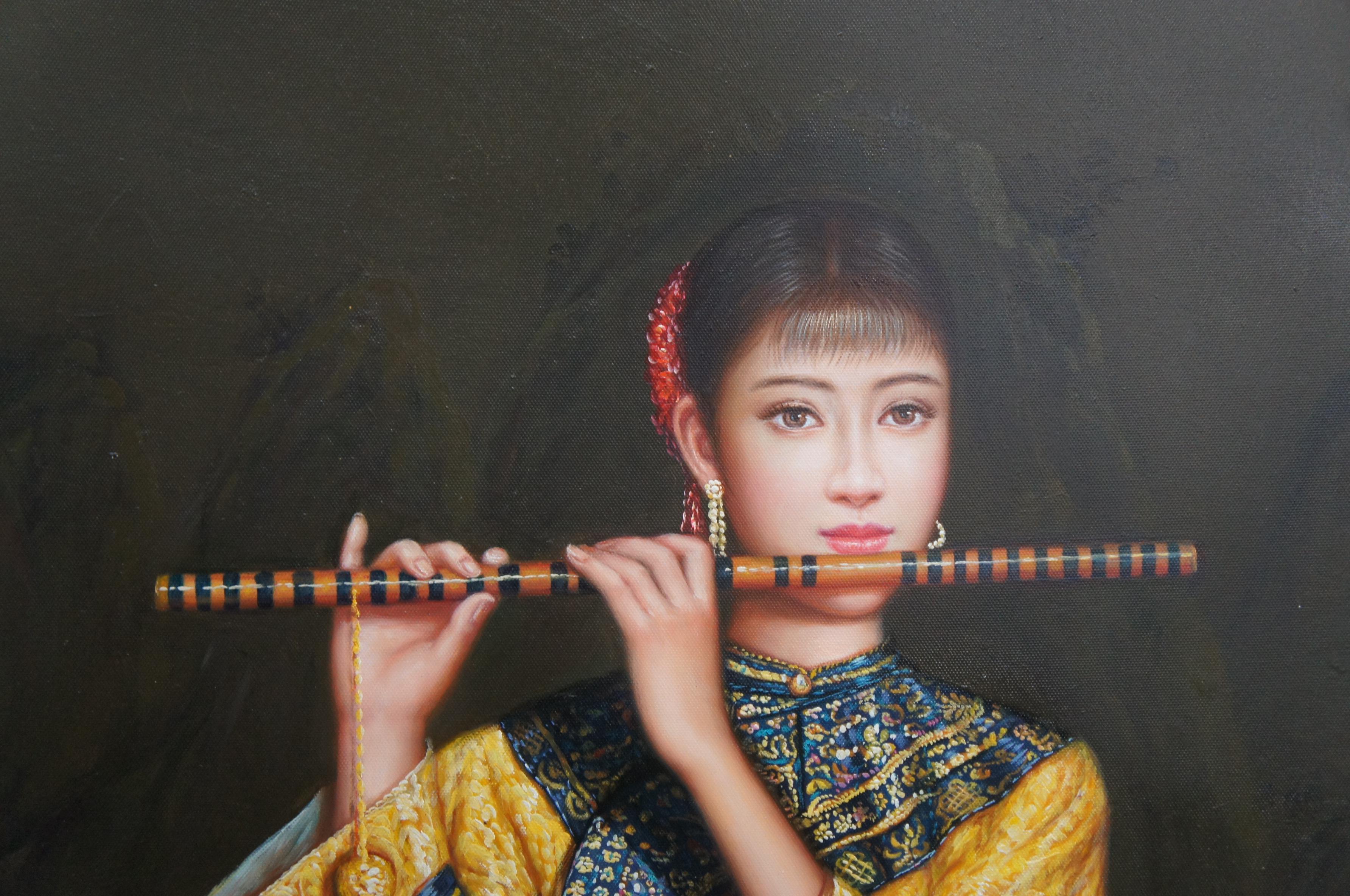 20ième siècle Femme chinoise jouant de la flûte de bambou Peinture à l'huile sur toile d'après Chen Yifei 47