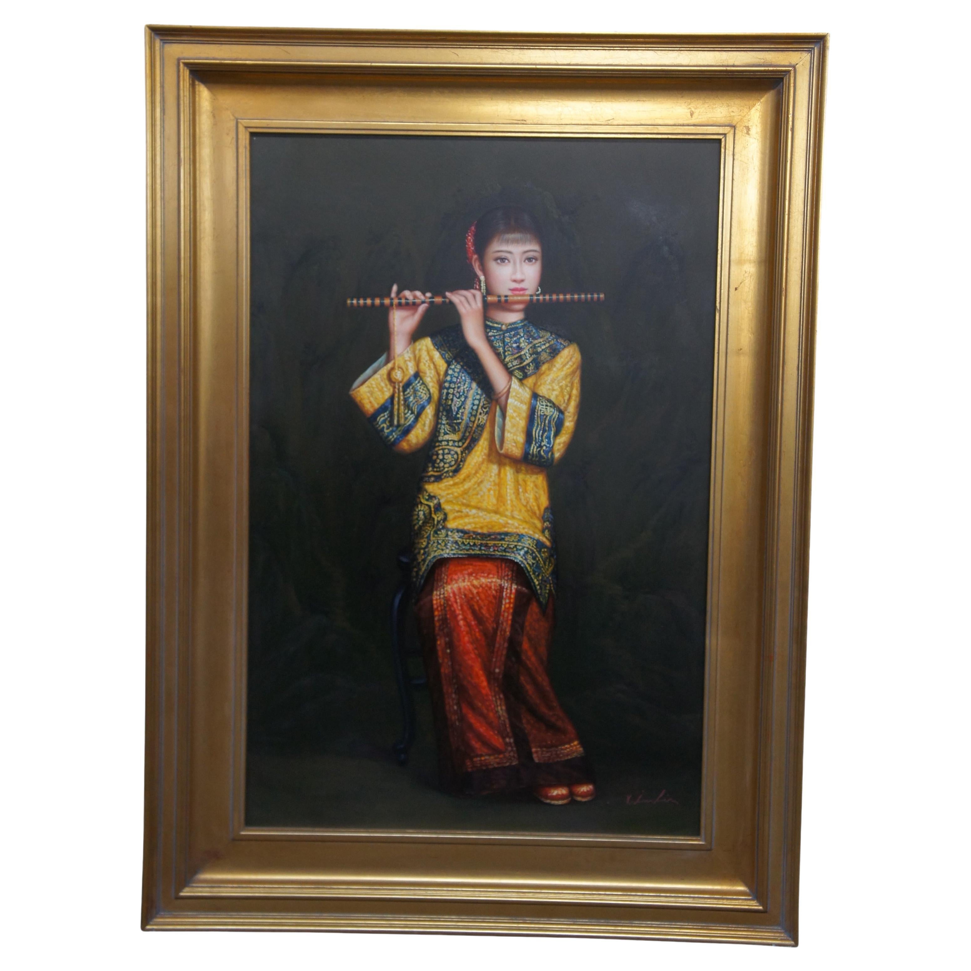 Femme chinoise jouant de la flûte de bambou Peinture à l'huile sur toile d'après Chen Yifei 47".