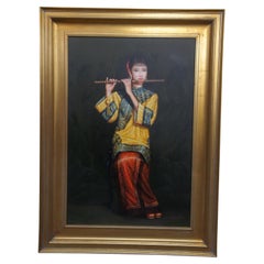 Vintage Chinese Woman Playing Bamboo Flute Oil Painting on Canvas After Chen Yifei 47"