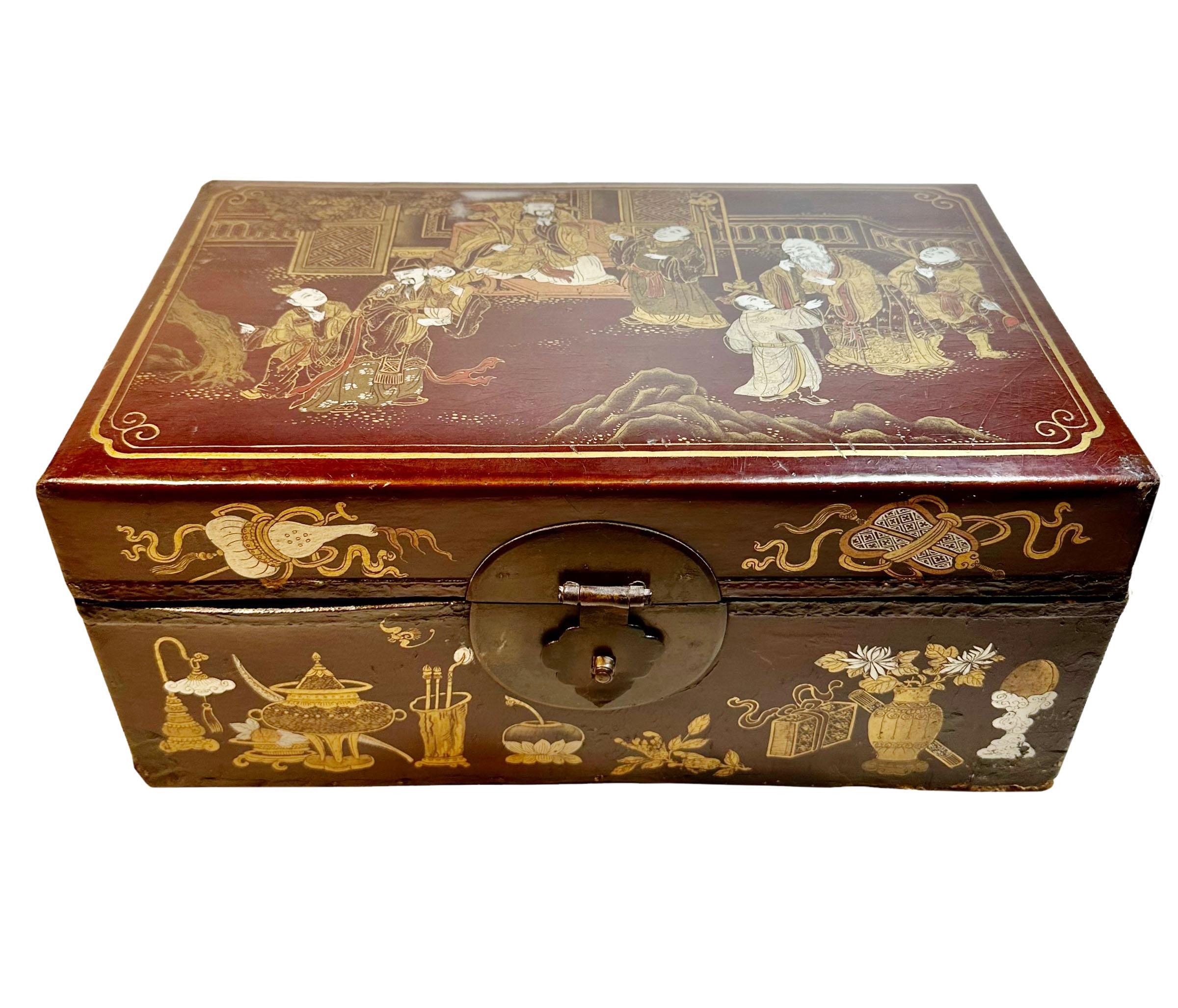 A 19th century Chinese wood and vellum document box hand painted court scene. No lock but all the hardware is bronze. The interior is four and a half inches deep. 