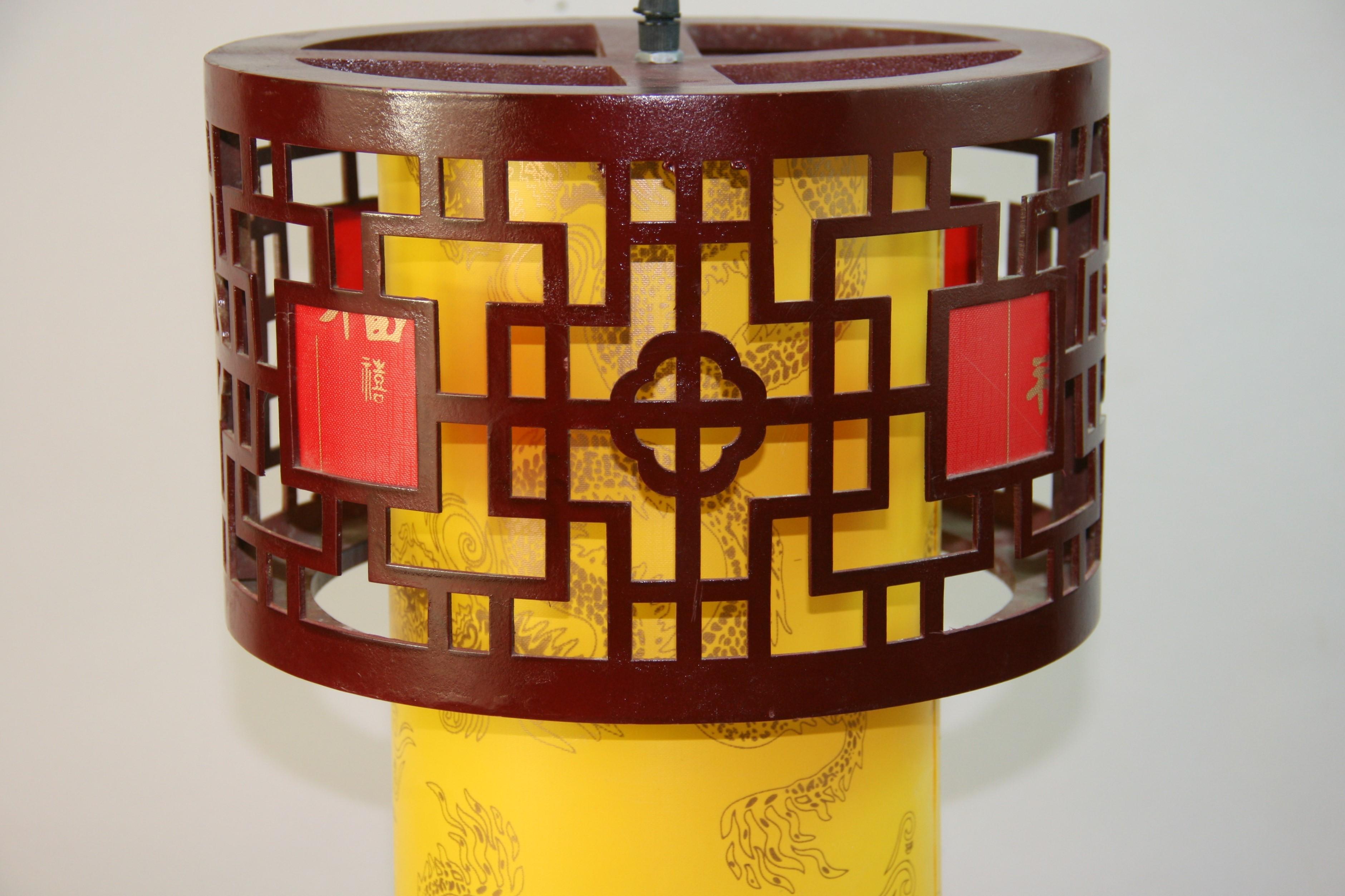 Chinese Wood Fret-work And Fabric Lanterns (6 available) In Good Condition For Sale In Douglas Manor, NY