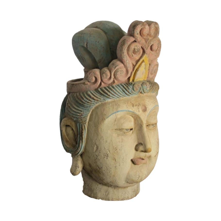 Chinese Wood Guan Yin Head with Multi-Color Headdress For Sale