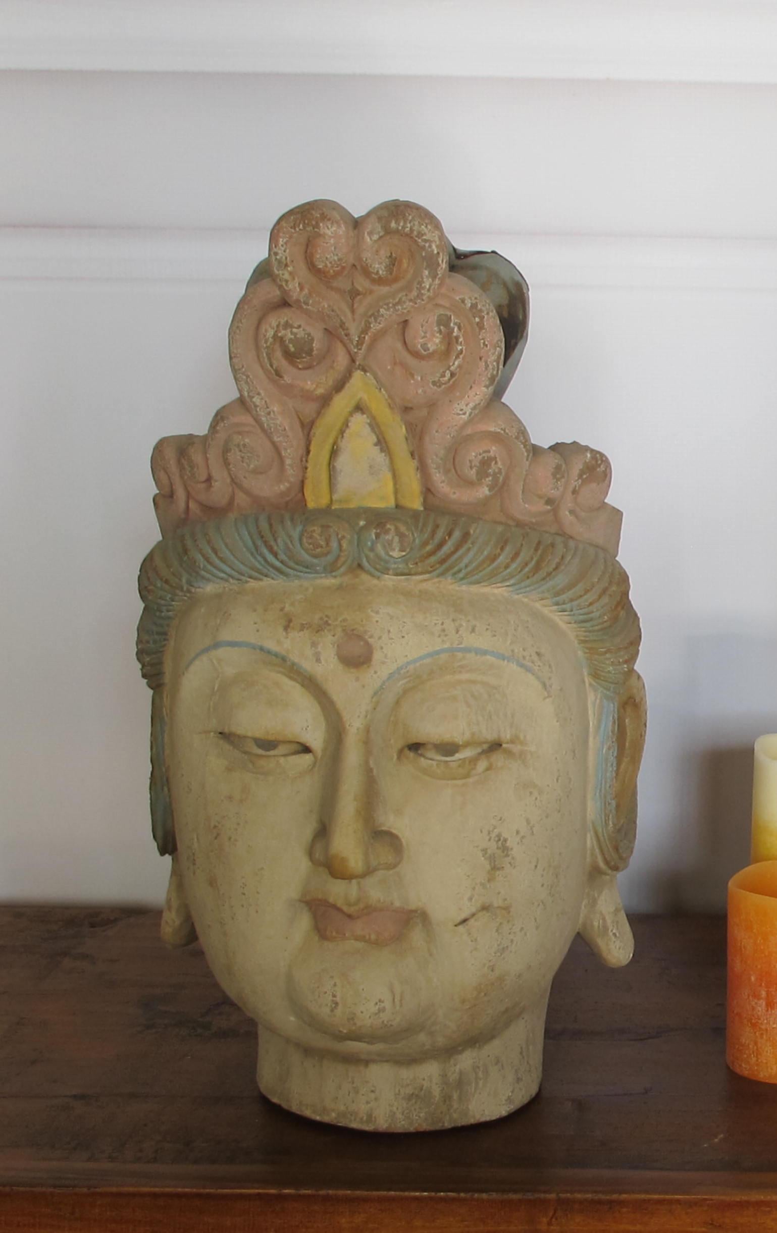 Chinese Wood Guan Yin Head with Multi-Color Headdress In Good Condition For Sale In Merrimack, NH