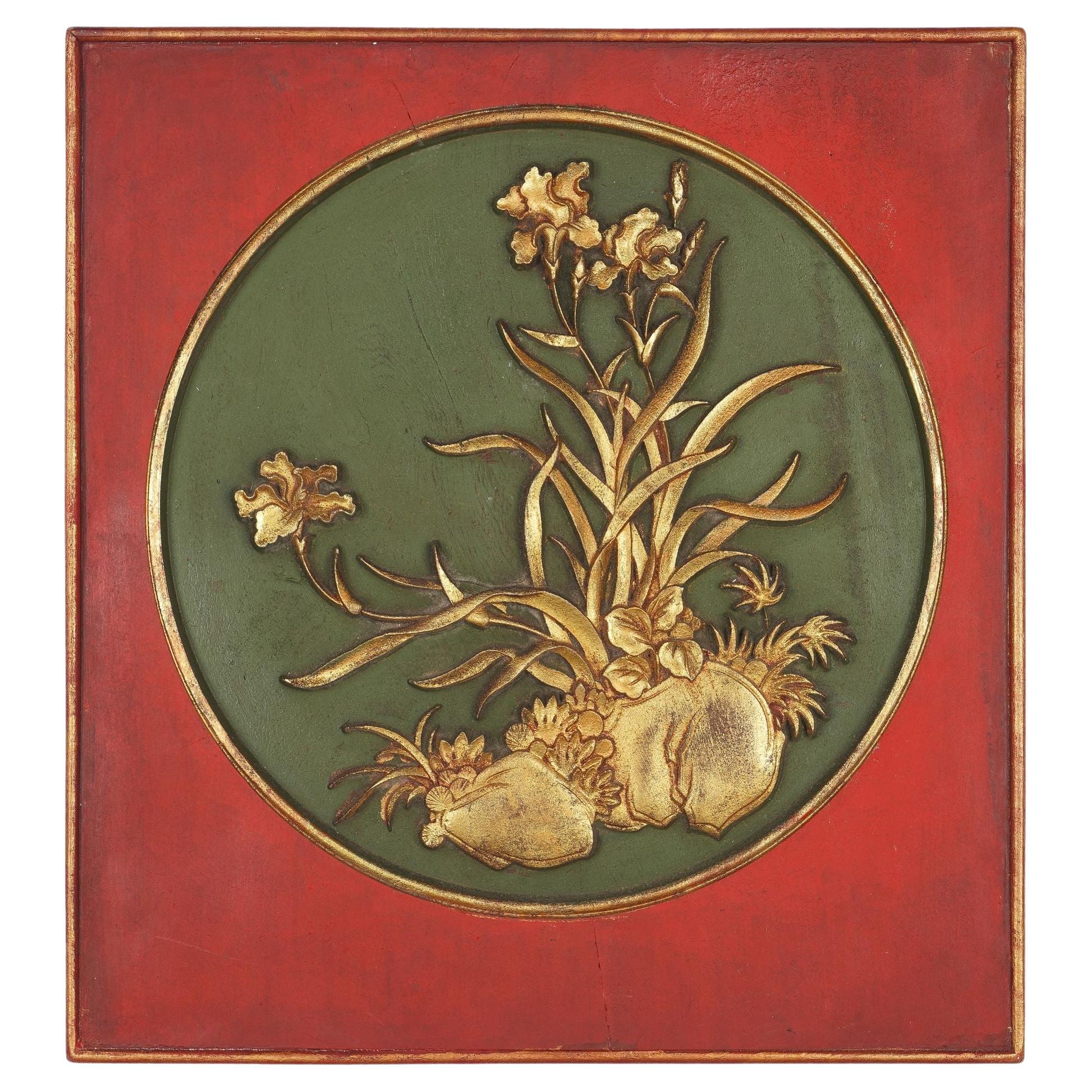 Chinese wood panel with a carved lacquer and gilt cartouche, 1800's