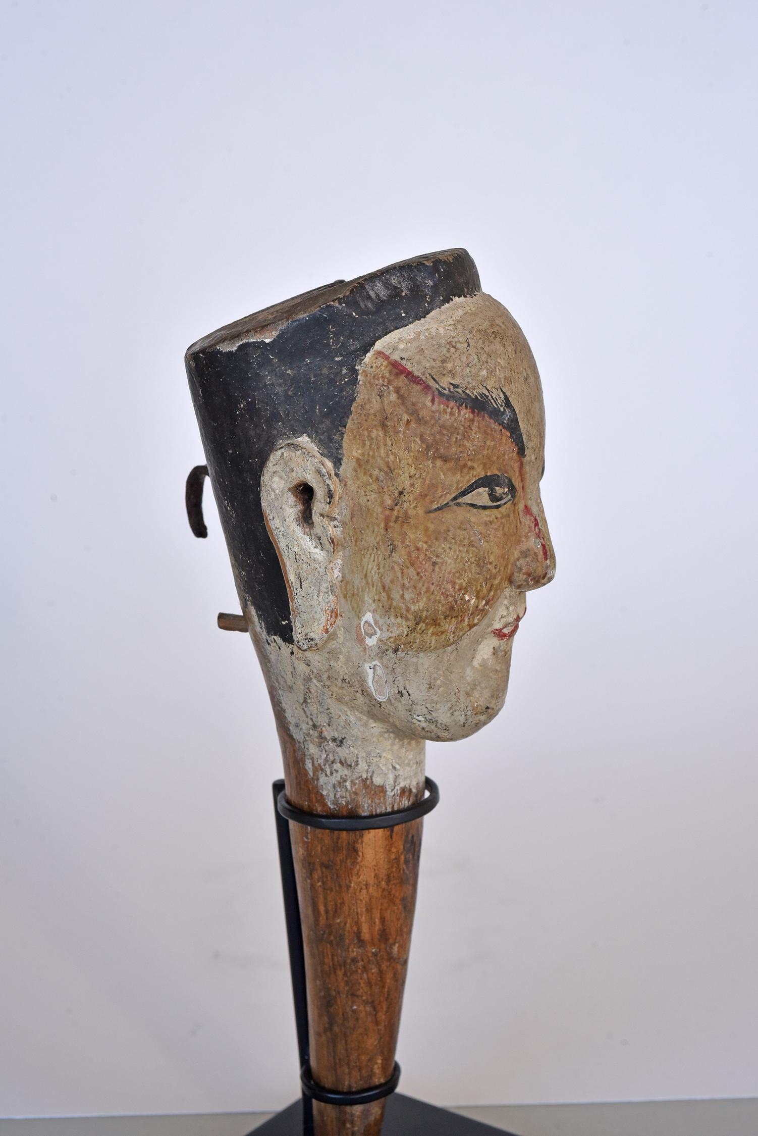 Qing Chinese Wood Puppet Head, 19th Century, Mounted on Contemporary Stand For Sale
