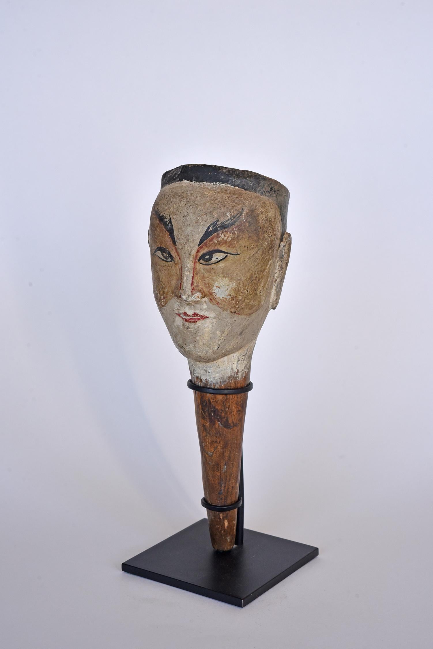 Hand-Carved Chinese Wood Puppet Head, 19th Century, Mounted on Contemporary Stand For Sale