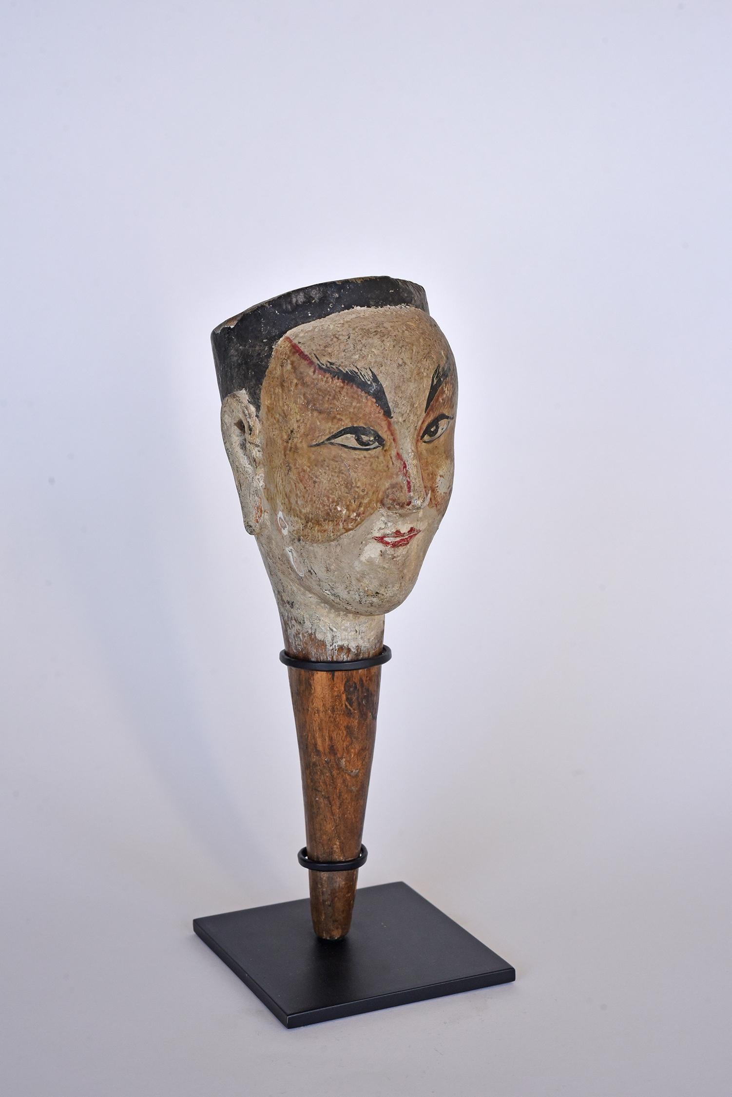 Chinese Wood Puppet Head, 19th Century, Mounted on Contemporary Stand For Sale