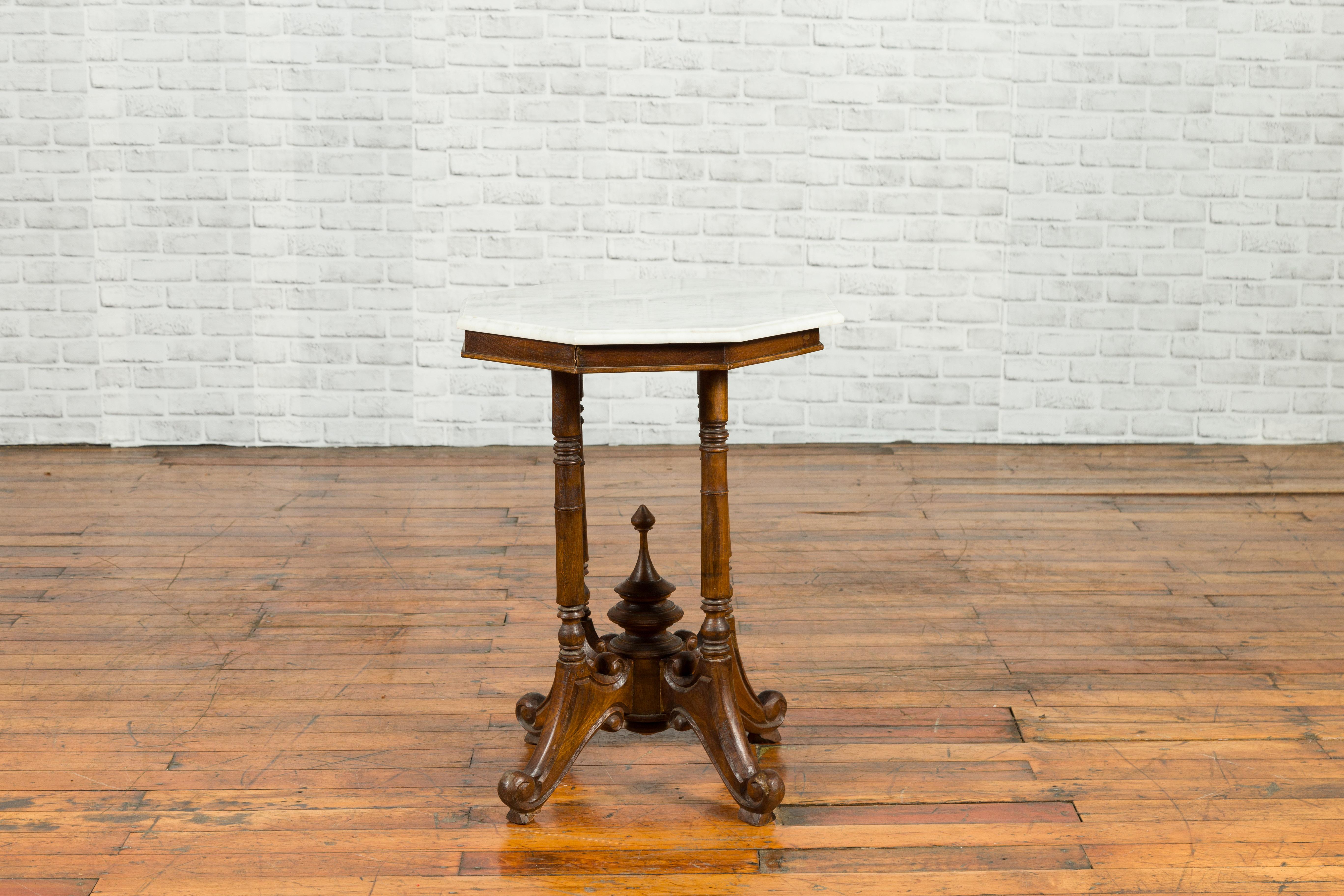 Chinese Wooden Guéridon Side Table with Octagonal White Marble Top and Finial 8