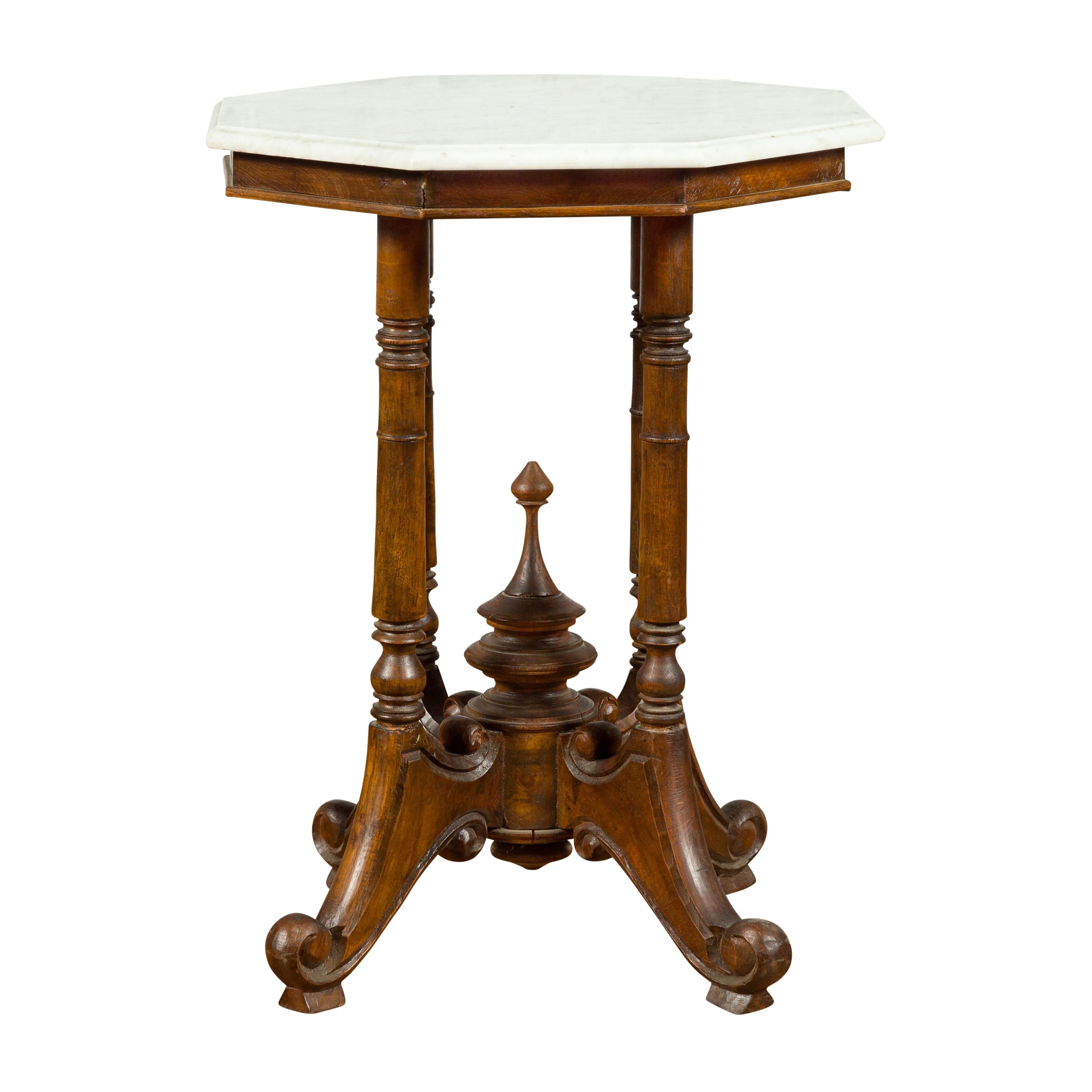 Chinese Wooden Guéridon Side Table with Octagonal White Marble Top and Finial