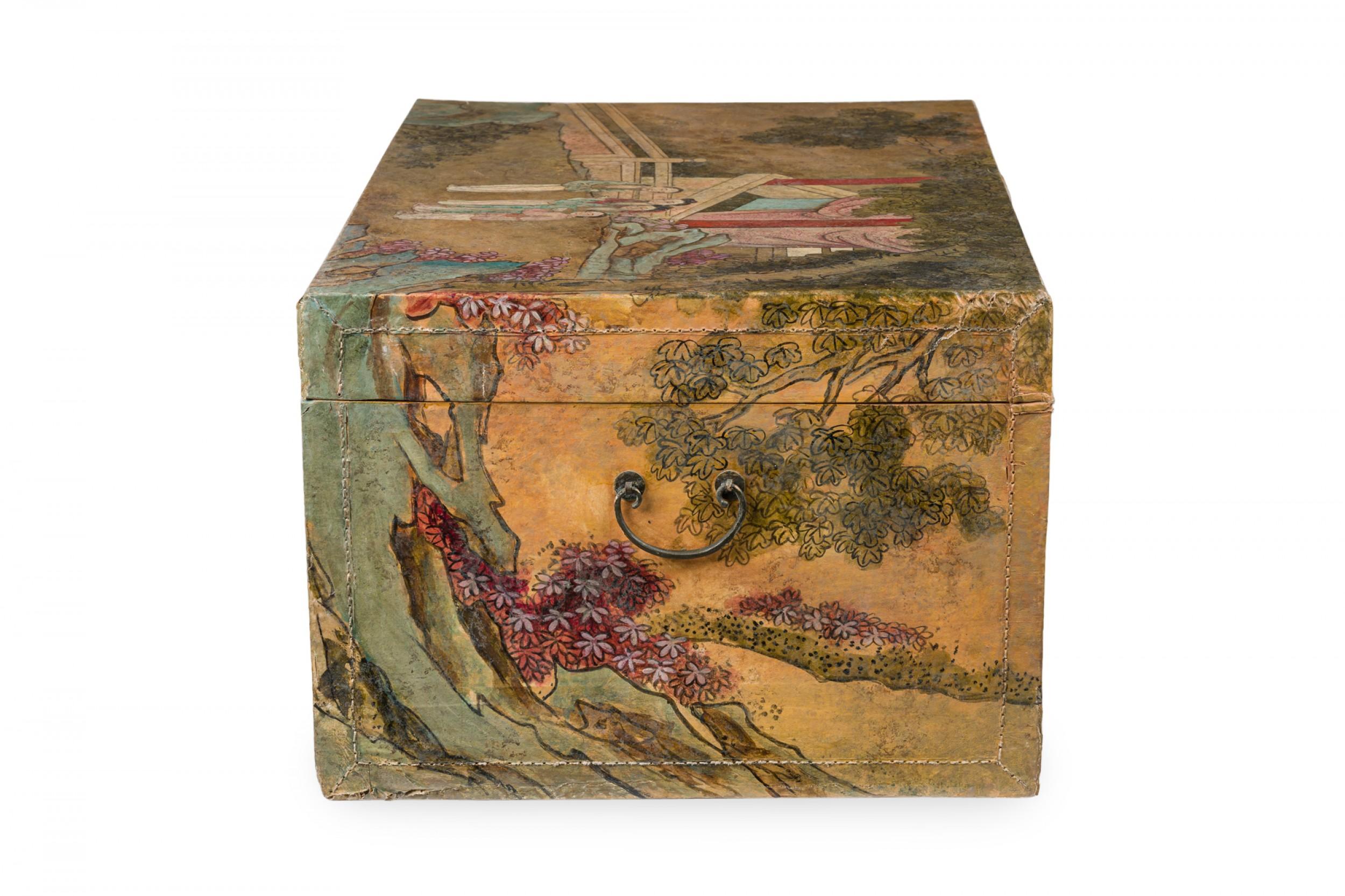 Hand-Painted Chinese Wooden Lacquered Rectangular Chest with Hand Painted Figural Scenes For Sale