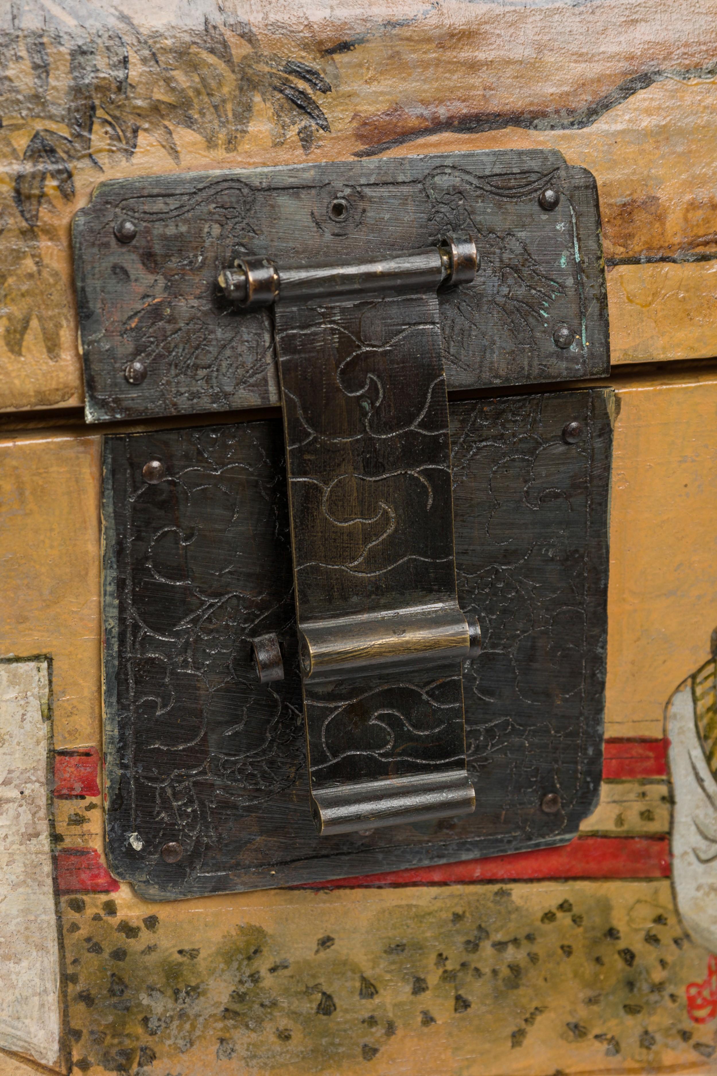 20th Century Chinese Wooden Lacquered Rectangular Chest with Hand Painted Figural Scenes For Sale