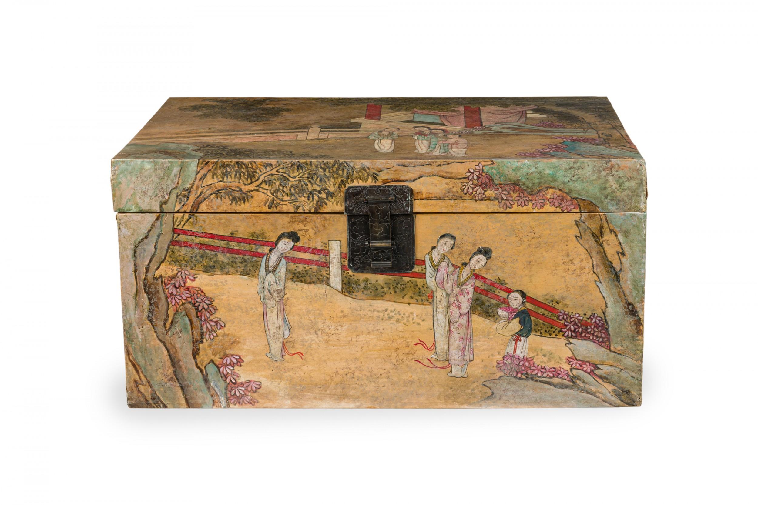 Chinese Wooden Lacquered Rectangular Chest with Hand Painted Figural Scenes For Sale 1
