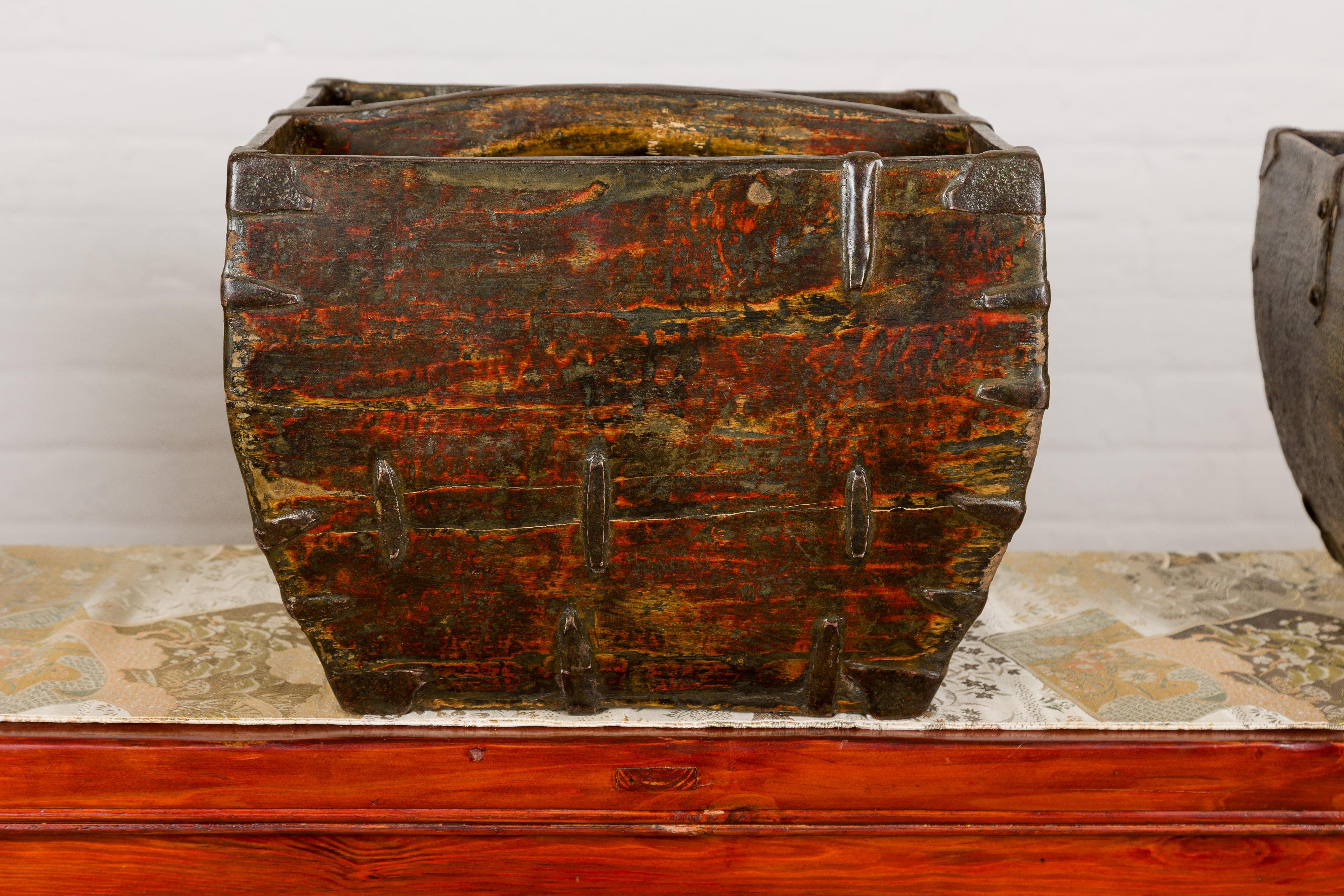 20th Century Chinese Wooden Rice Measure Baskets with Handles and Metal Accents, Sold Each For Sale