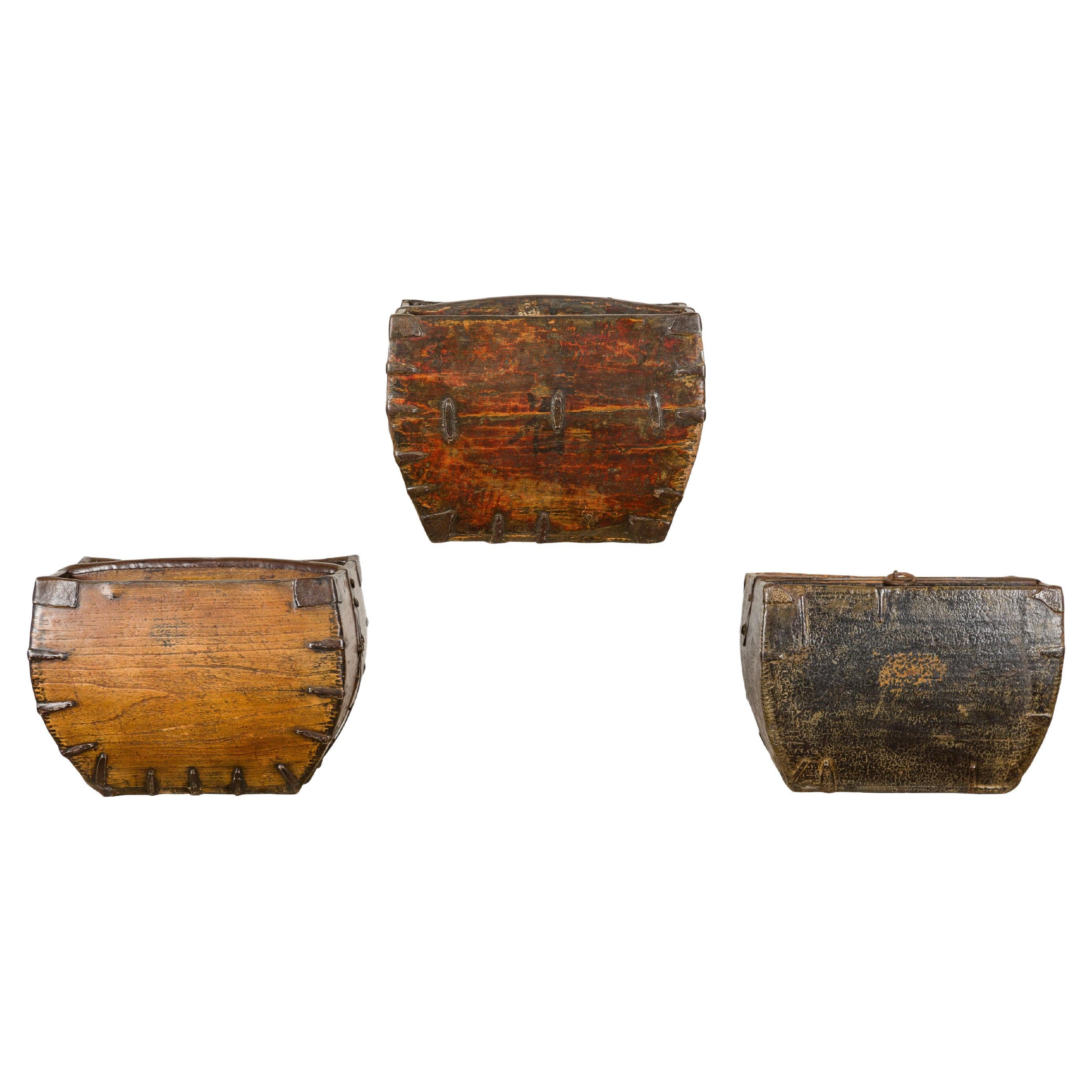 Chinese Wooden Rice Measure Baskets with Handles and Metal Accents, Sold Each For Sale