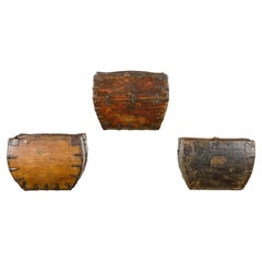 Chinese Wooden Rice Measure Baskets with Handles and Metal Accents, Sold Each