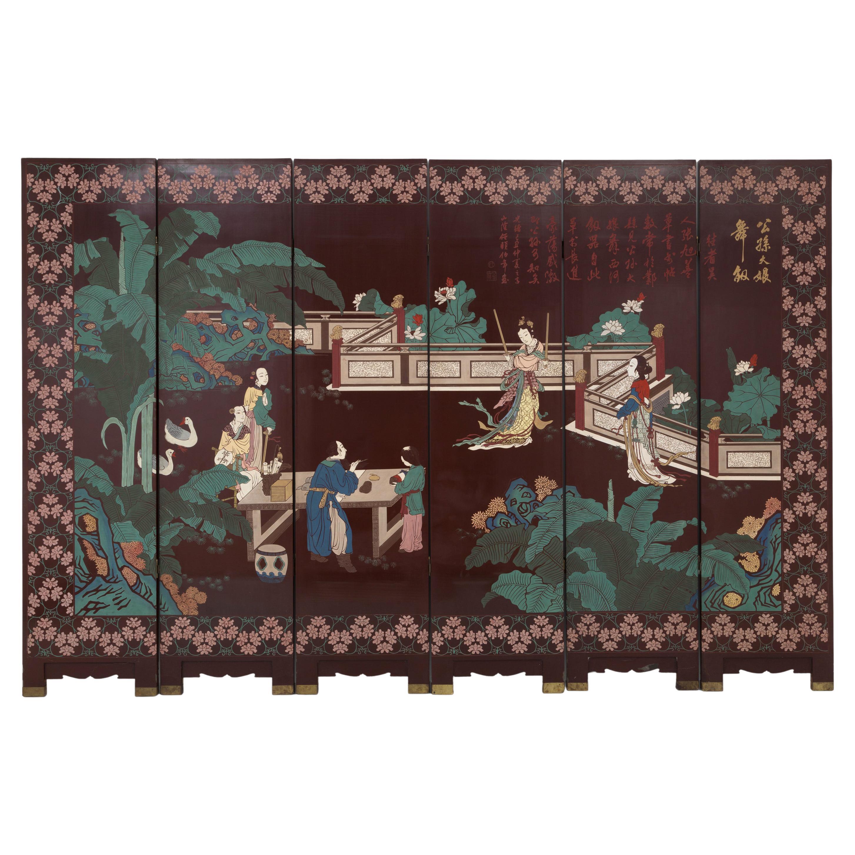 Chinesischer Holzschirm, der Szenen des orientalischen Lebens darstellt