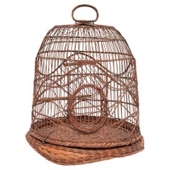 Antique Bamboo Hanging Bird Cage With Japanese Pottery Feeders