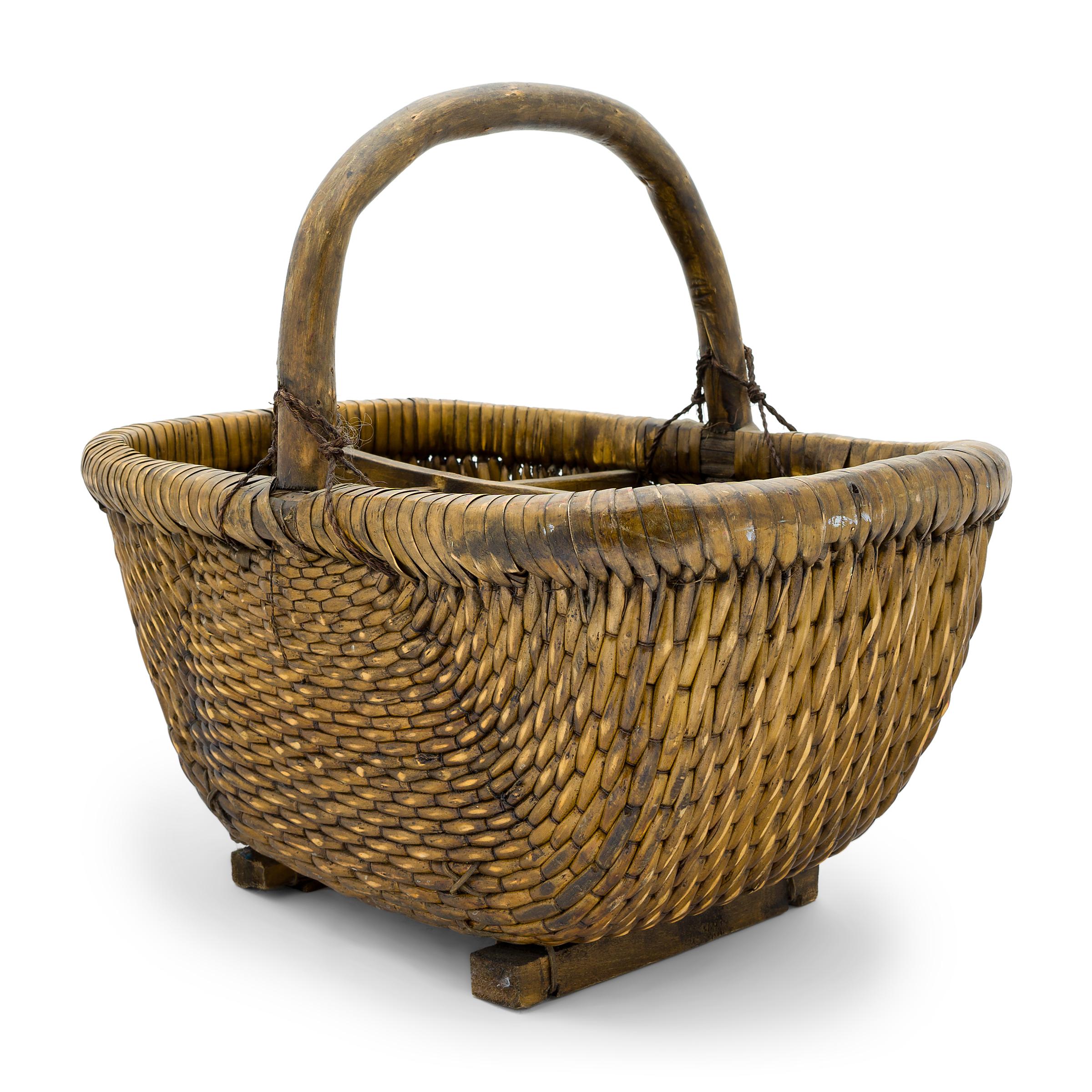 Qing Chinese Woven Market Basket with Divider, circa 1850 For Sale