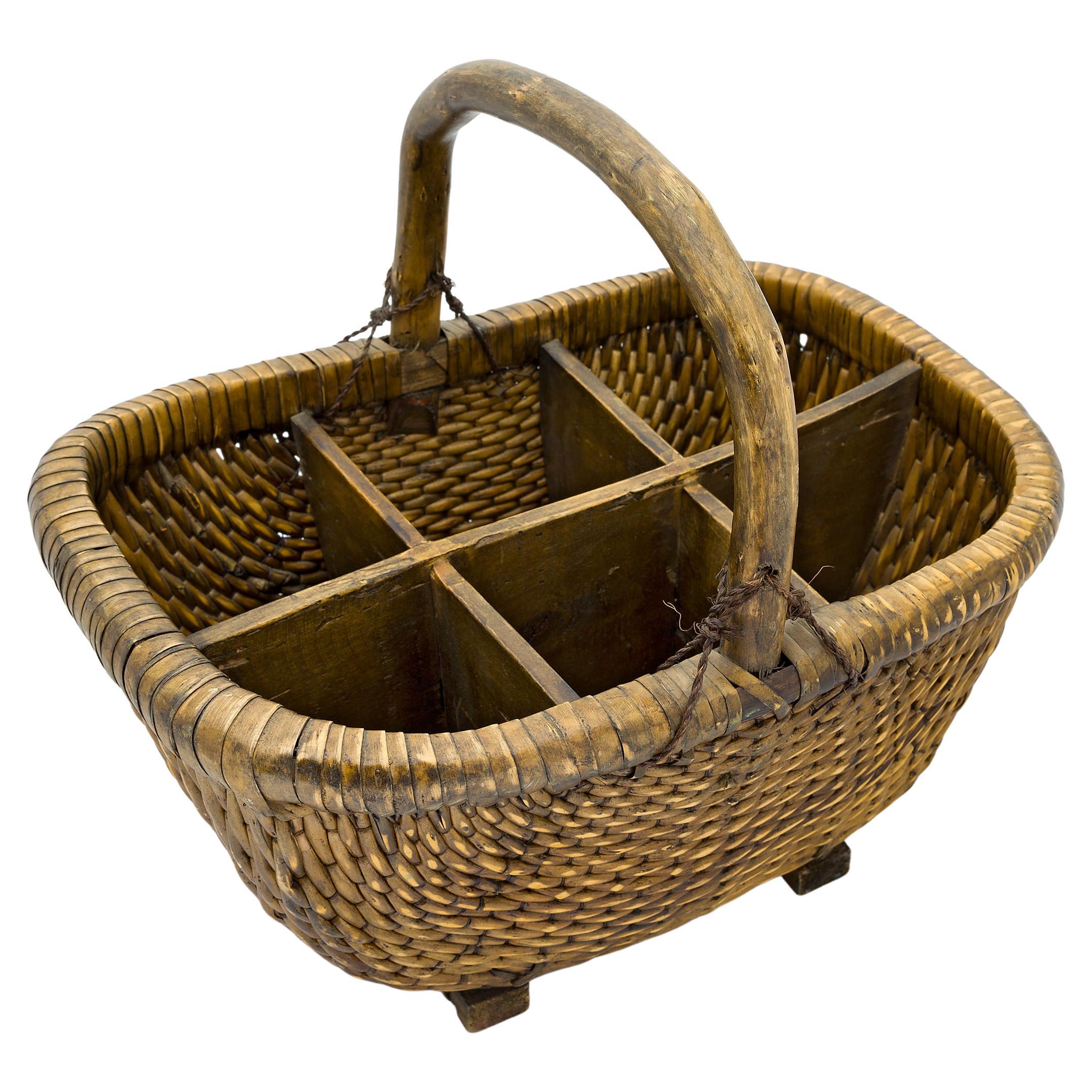 Chinese Woven Market Basket with Divider, circa 1850 For Sale