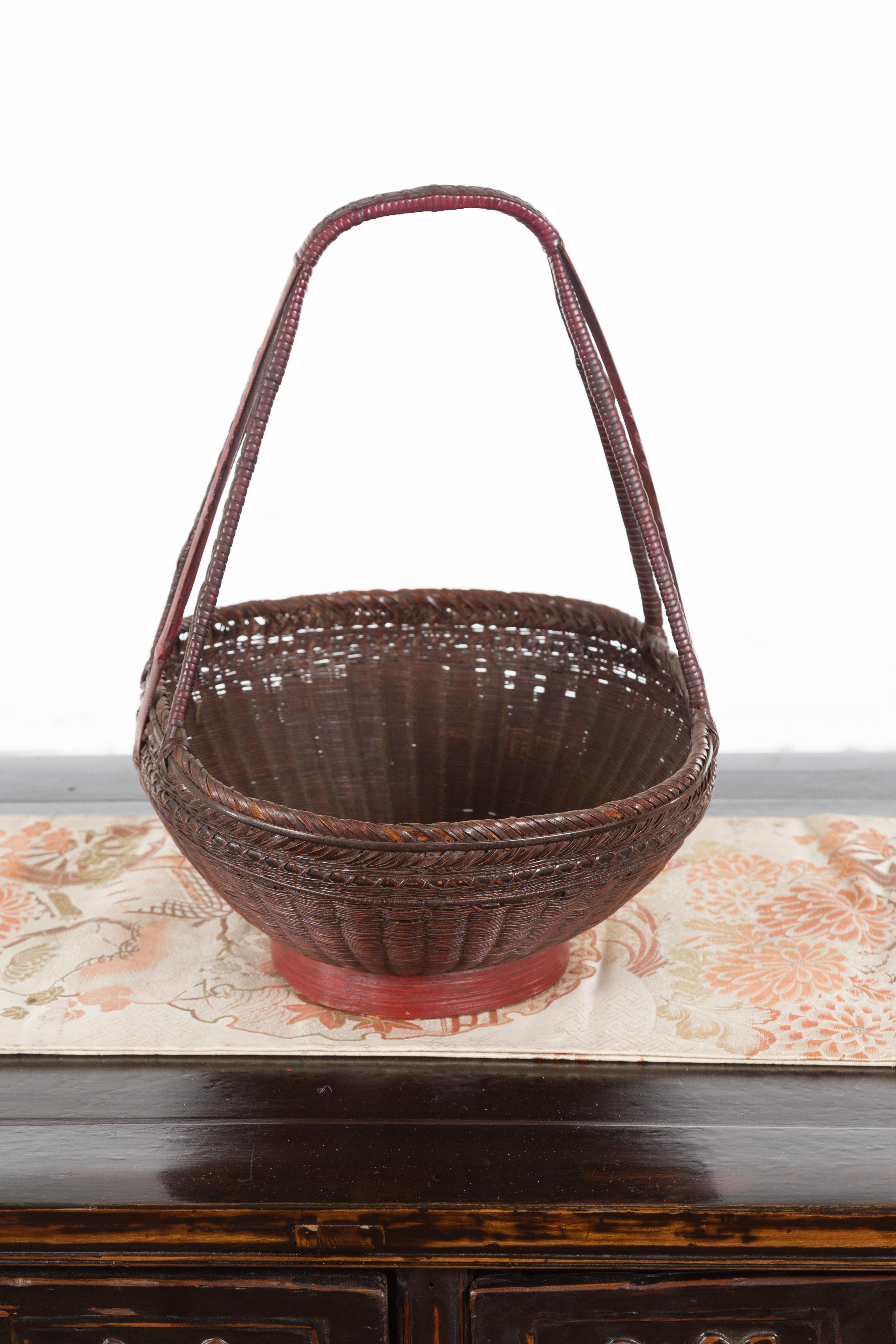 Handwoven Chinese Red & Brown Rattan Market Basket with Tall Carrying Handle For Sale 5