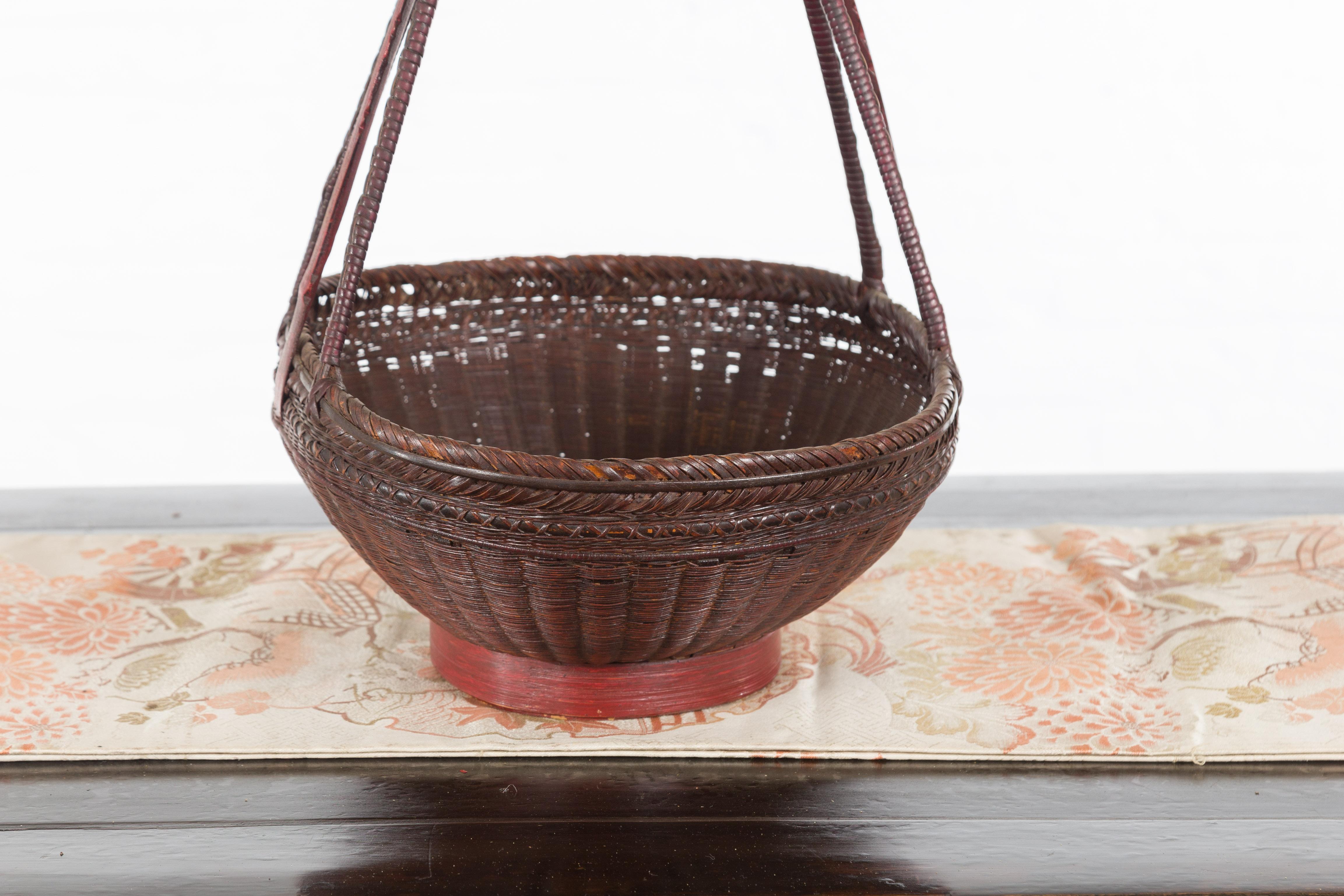 Handwoven Chinese Red & Brown Rattan Market Basket with Tall Carrying Handle For Sale 6