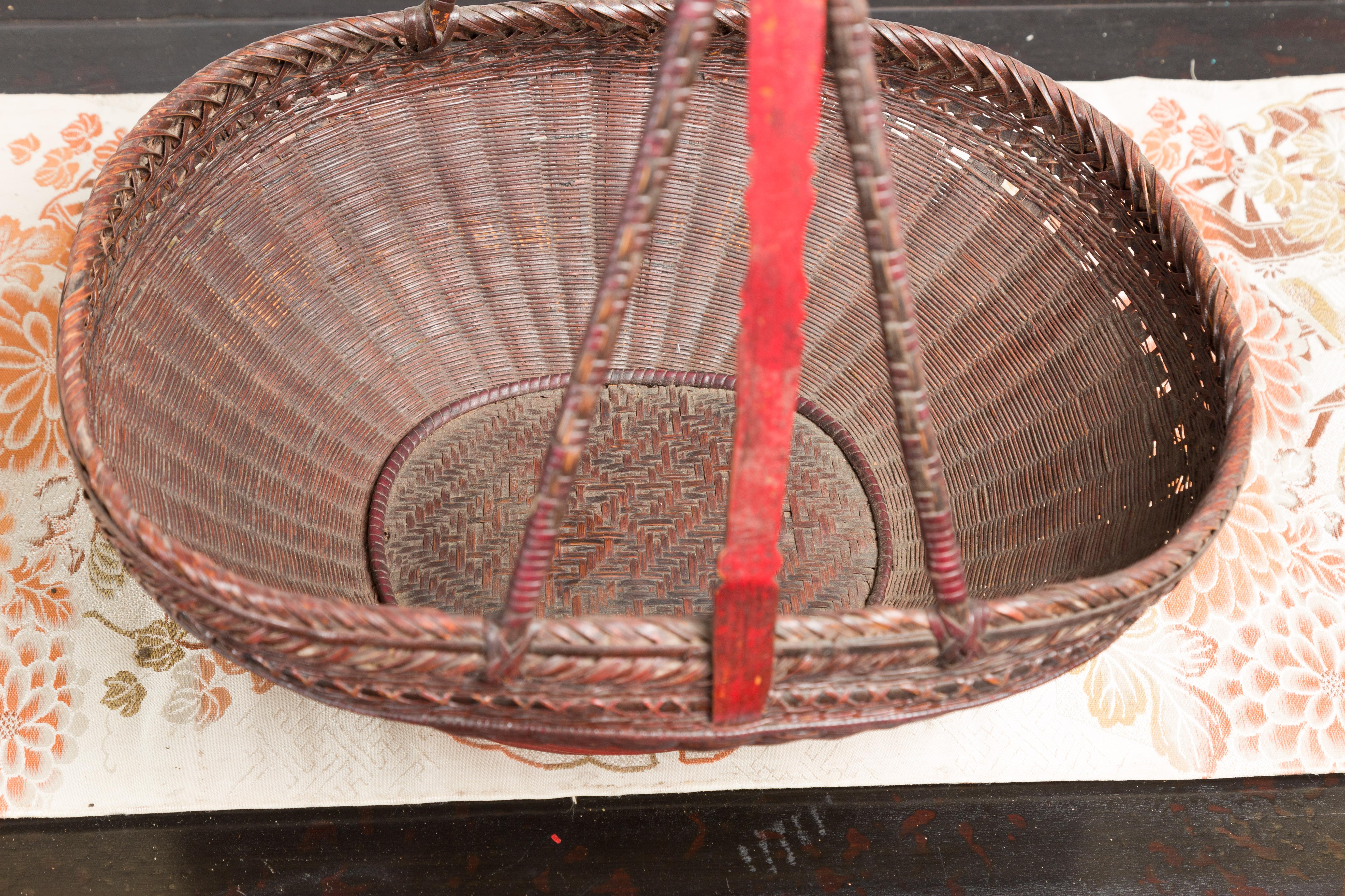 Handwoven Chinese Red & Brown Rattan Market Basket with Tall Carrying Handle For Sale 7