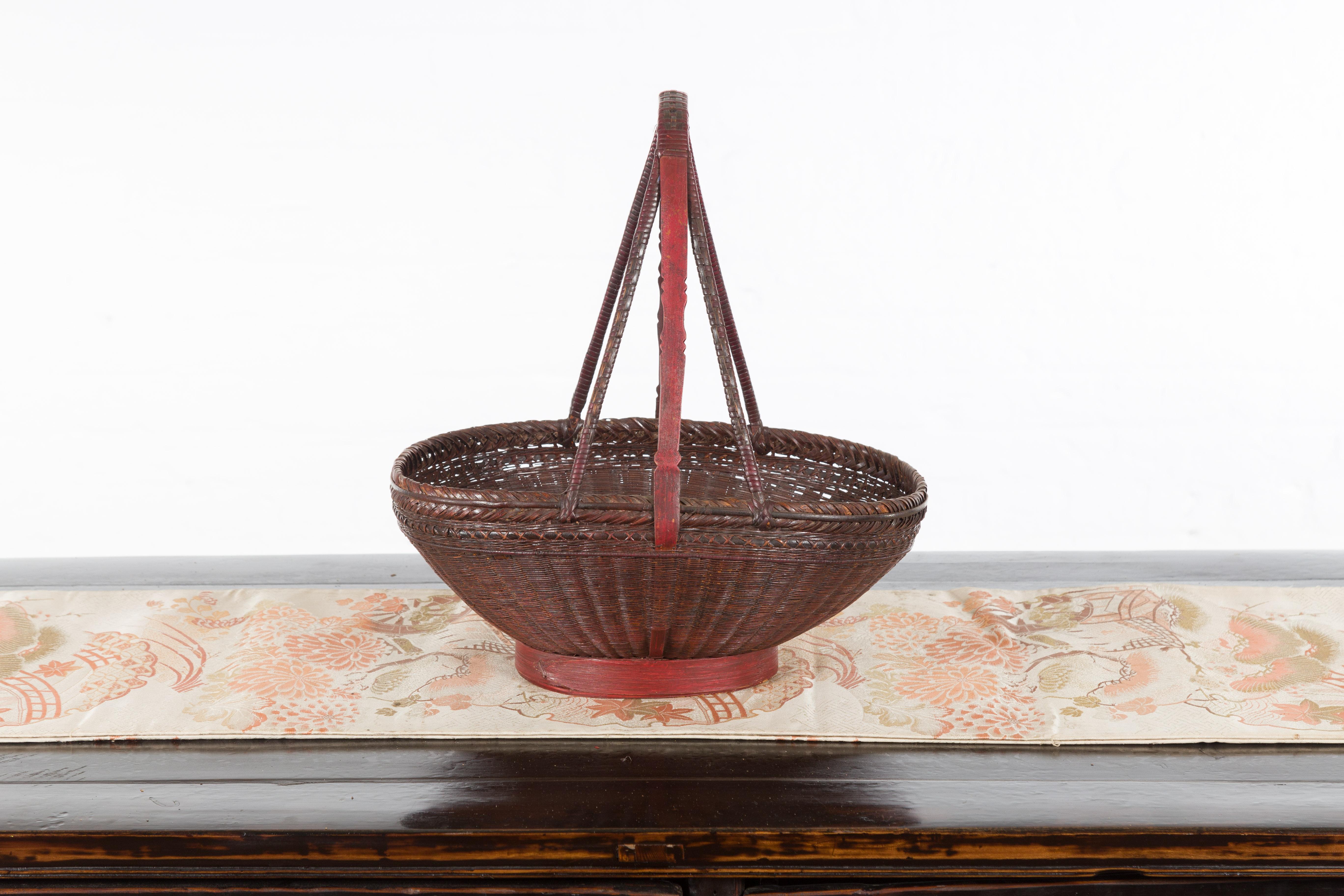 Bamboo Handwoven Chinese Red & Brown Rattan Market Basket with Tall Carrying Handle For Sale