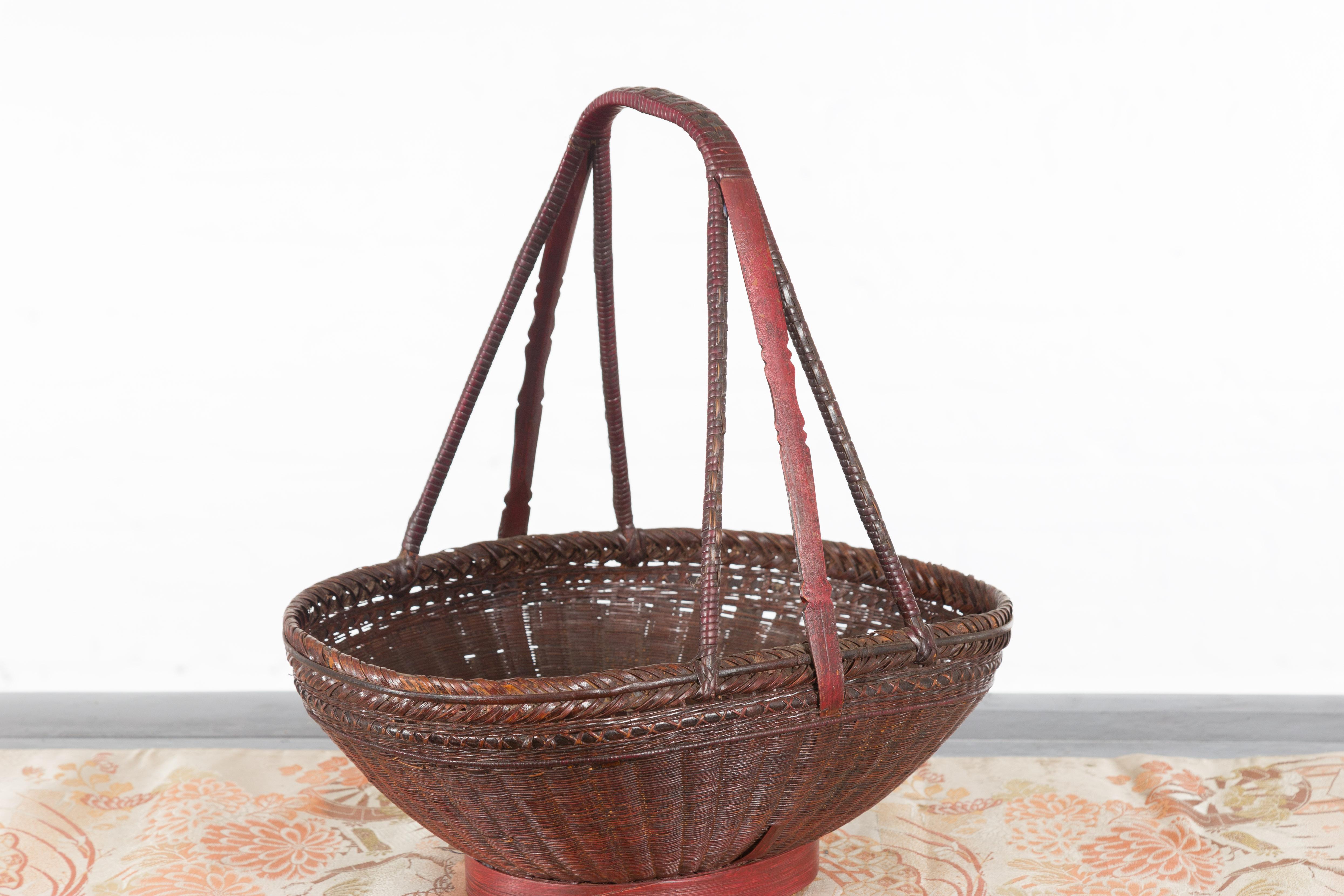 Handwoven Chinese Red & Brown Rattan Market Basket with Tall Carrying Handle For Sale 1
