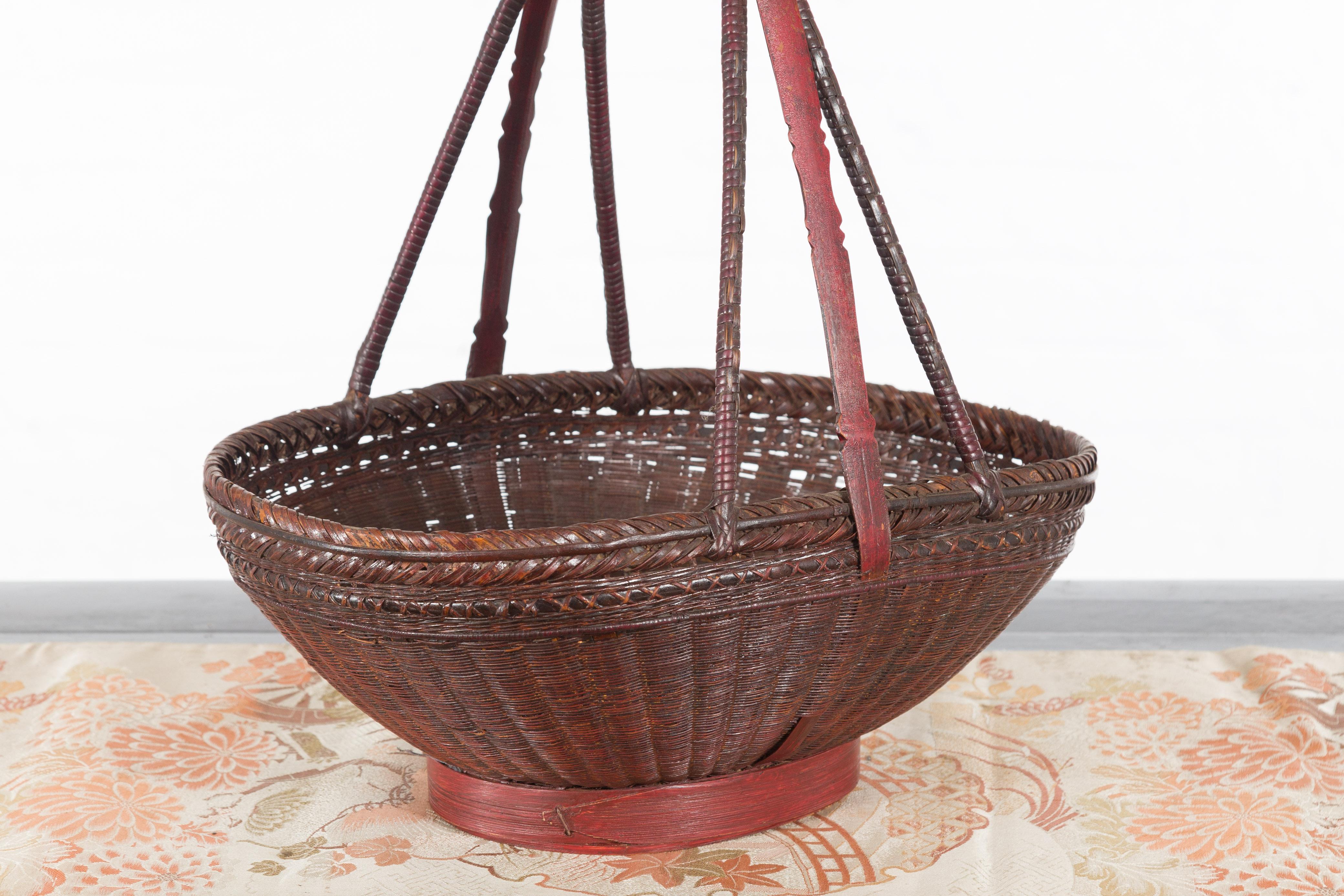 Handwoven Chinese Red & Brown Rattan Market Basket with Tall Carrying Handle For Sale 2
