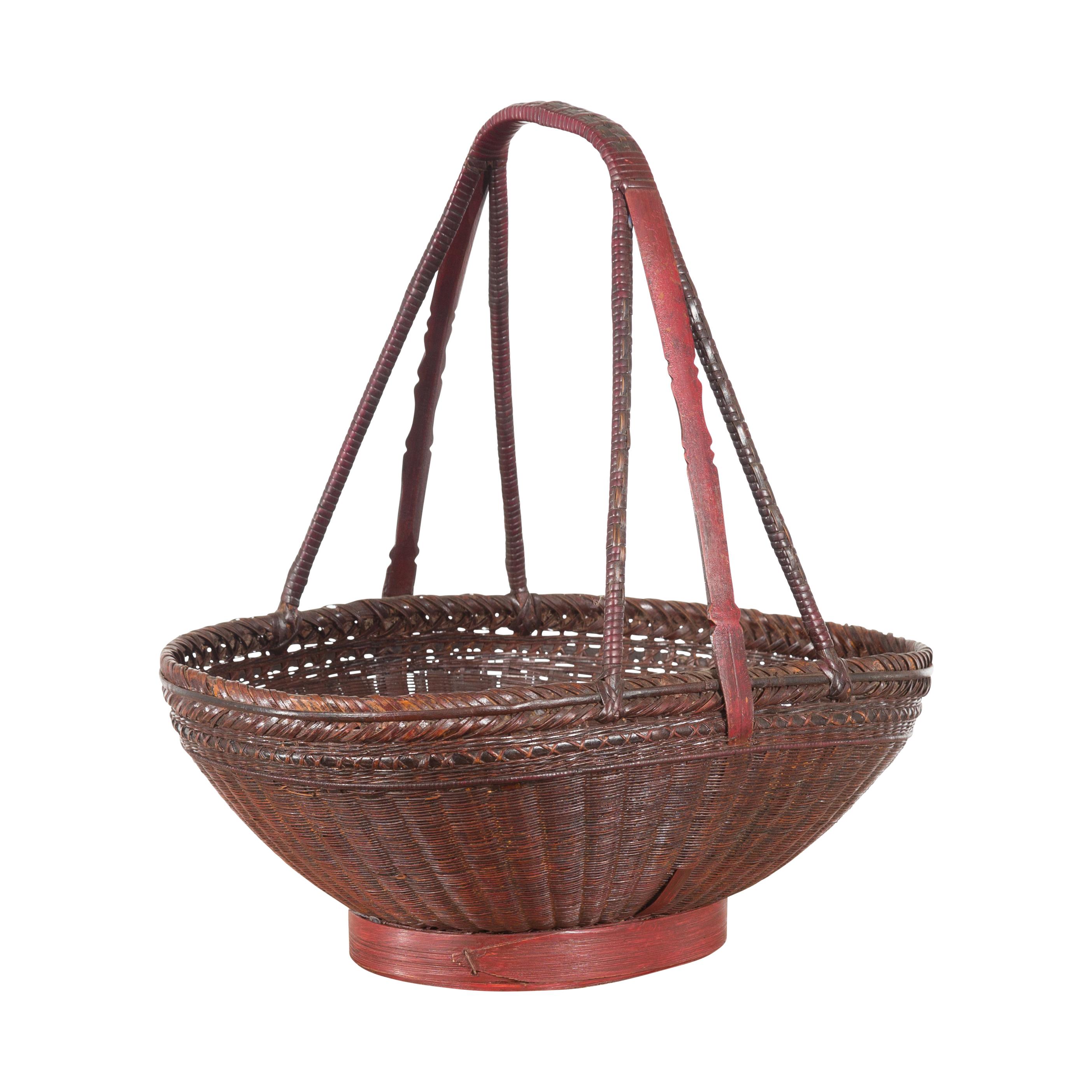 Handwoven Chinese Red & Brown Rattan Market Basket with Tall Carrying Handle For Sale