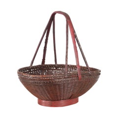 Chinese Woven Rattan Red and Brown Market Basket with Large Tripartite Handle