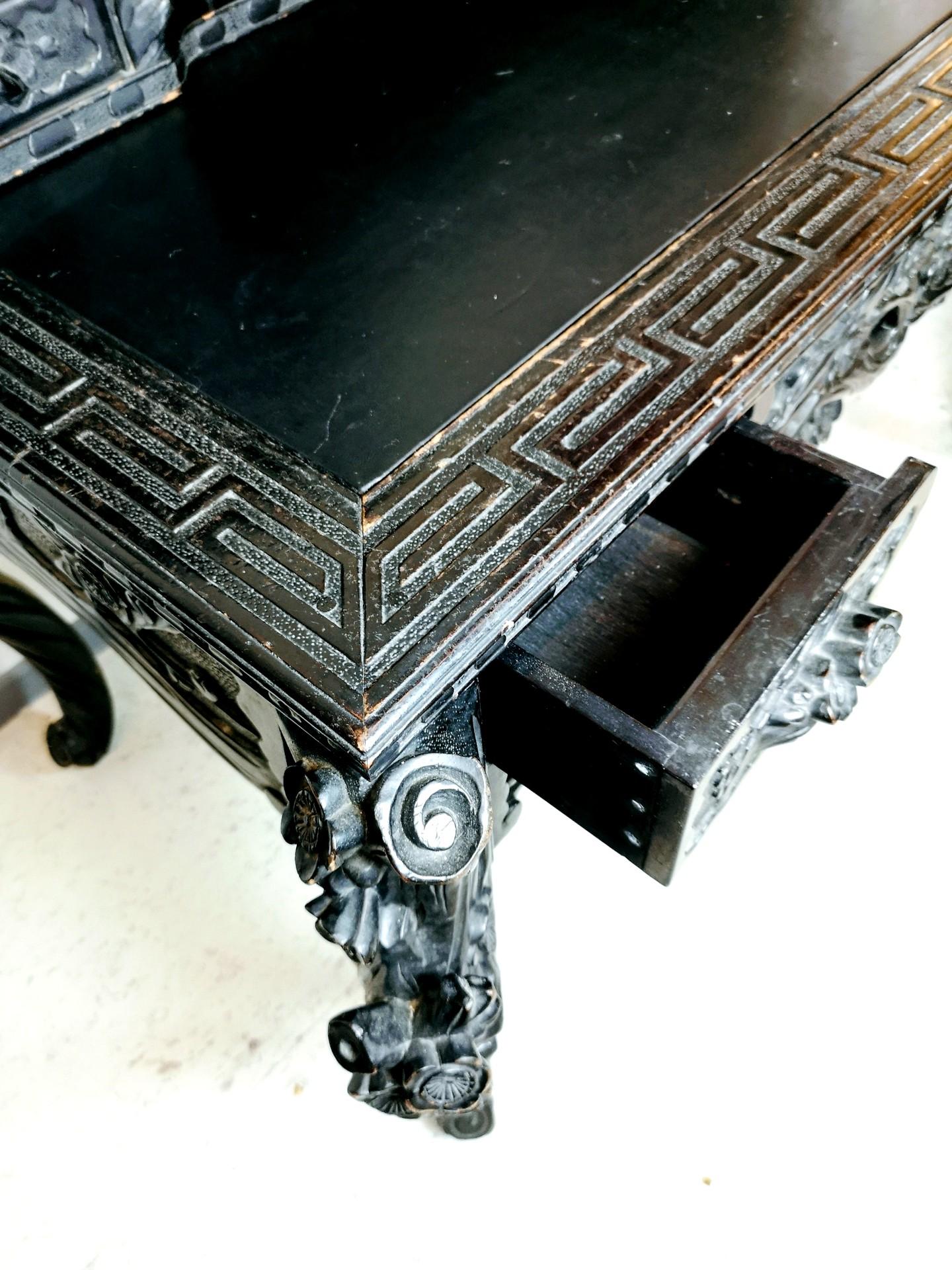 Chinese Writing Table with Black Leather Top and Chair, 19th Century 5