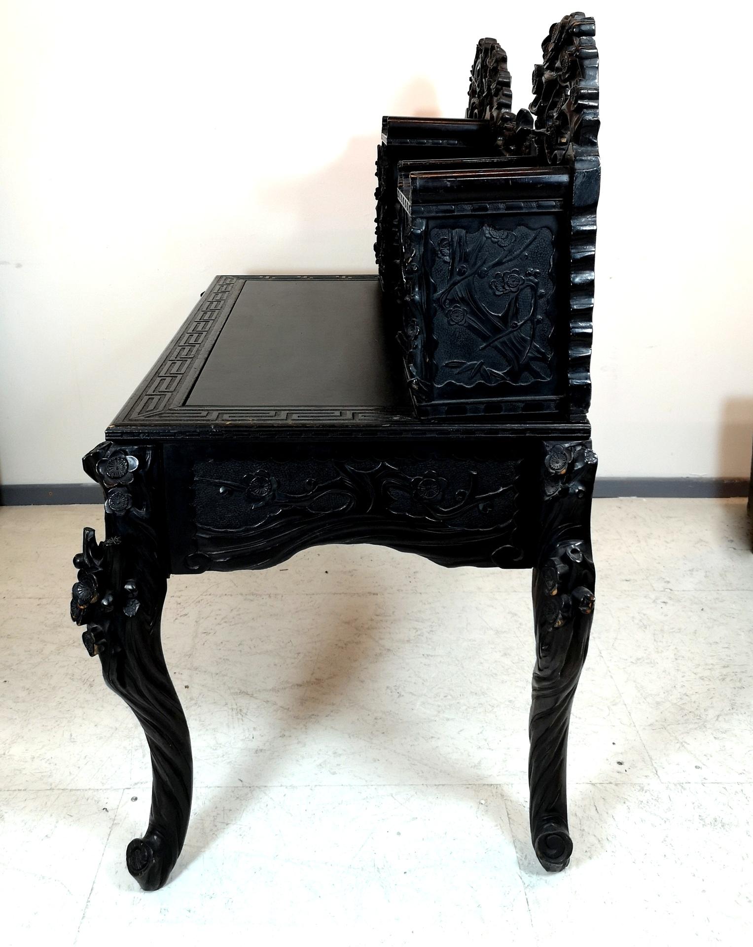 Chinese Writing Table with Black Leather Top and Chair, 19th Century 9