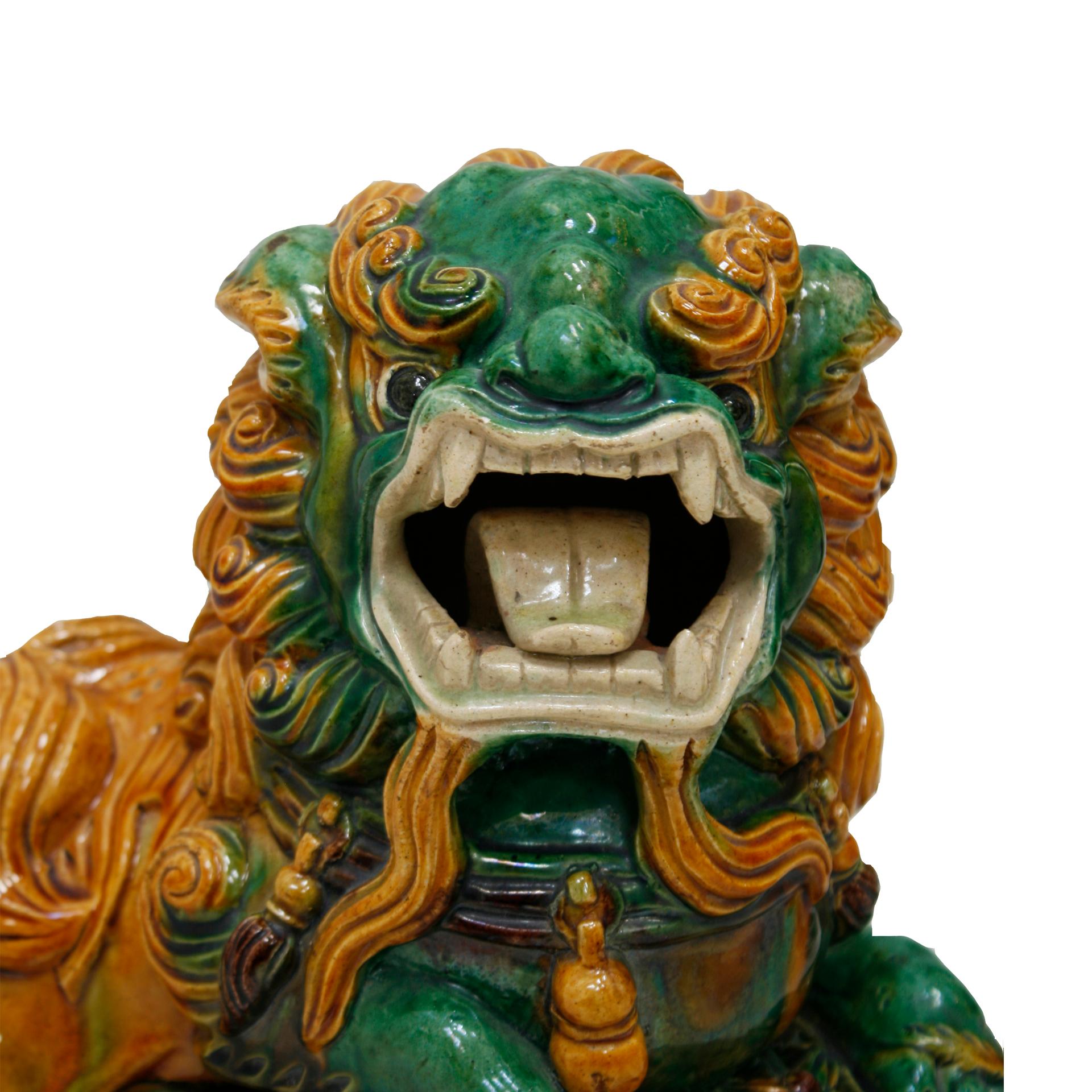Glazed Chinese 19th Century Pair of Protection Foo Lions
